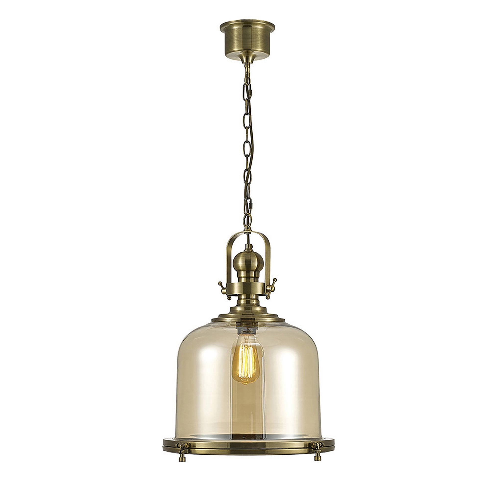 Diyas IL31595 Riley Single Large Bell Pendant 1 Light E27 Antique Brass/Cognac Glass