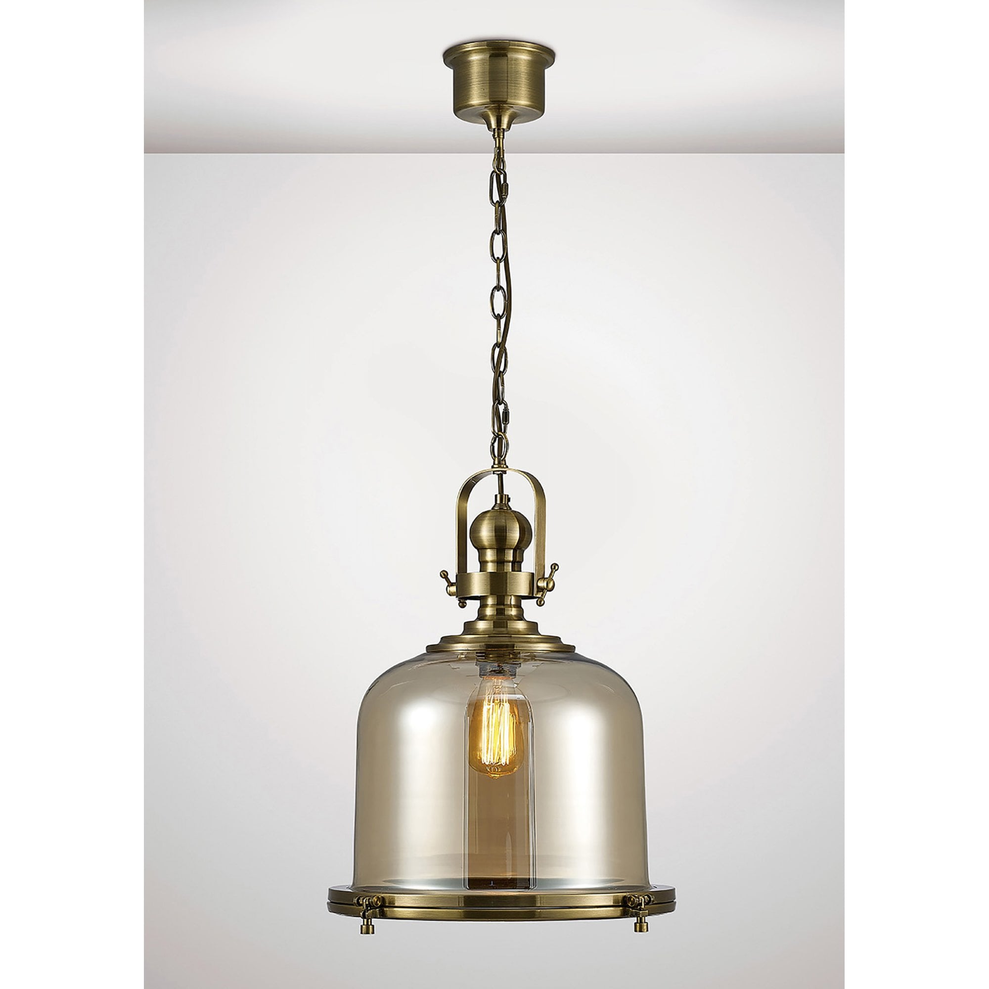 Diyas IL31595 Riley Single Large Bell Pendant 1 Light E27 Antique Brass/Cognac Glass