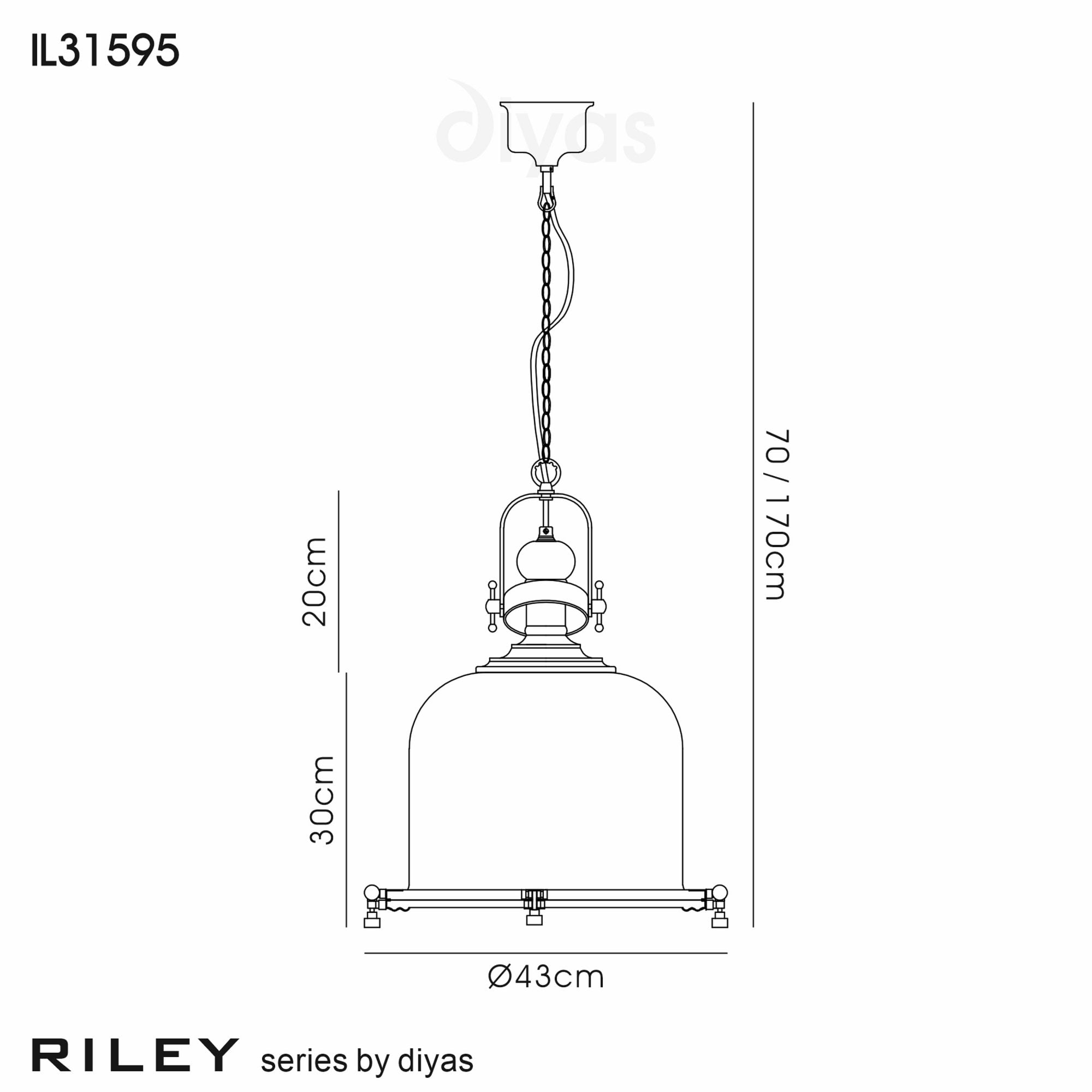 Diyas IL31595 Riley Single Large Bell Pendant 1 Light E27 Antique Brass/Cognac Glass