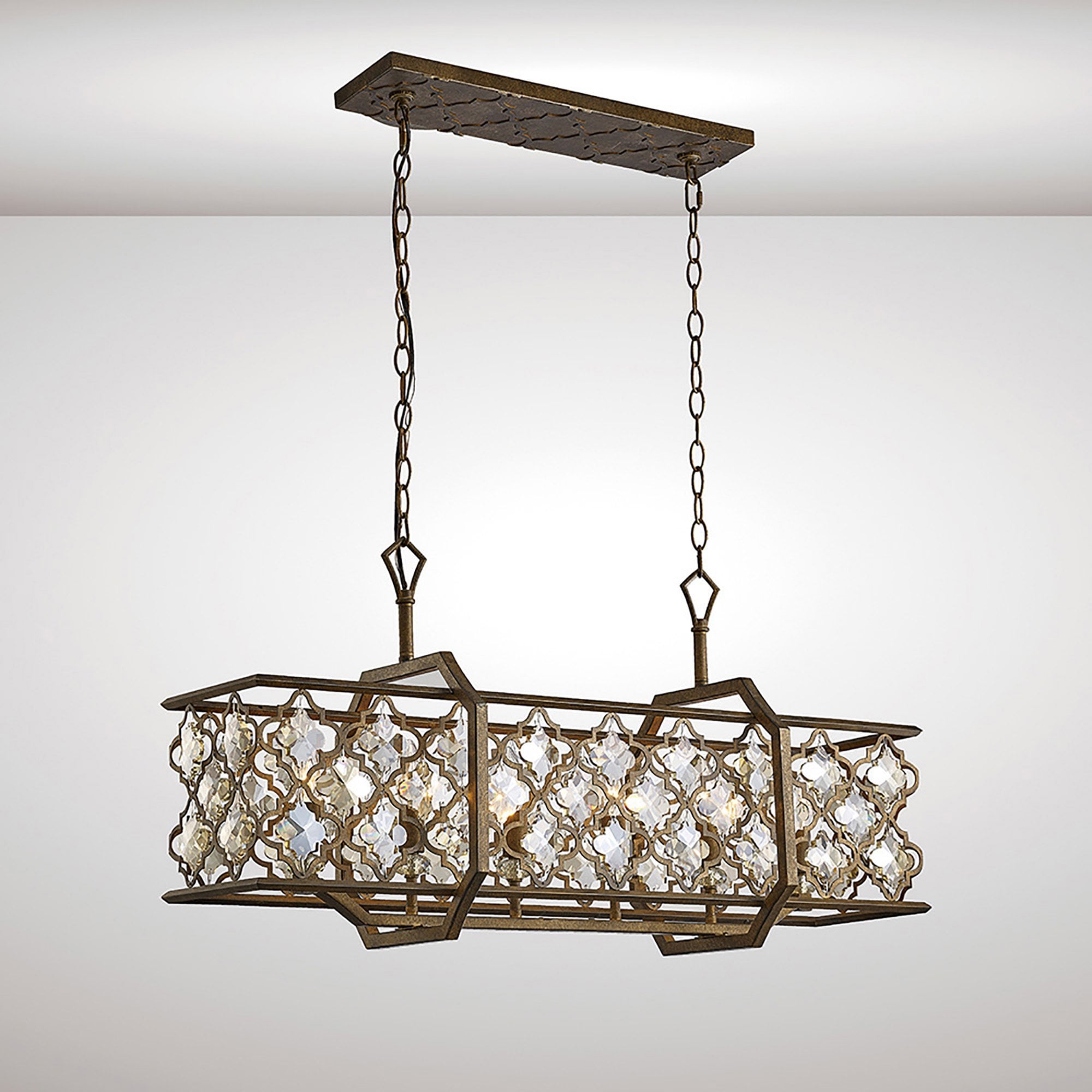 Diyas IL31697 Indie Pendant 6 Light E14 Rectangle Mocha/Teak Plated Crystal