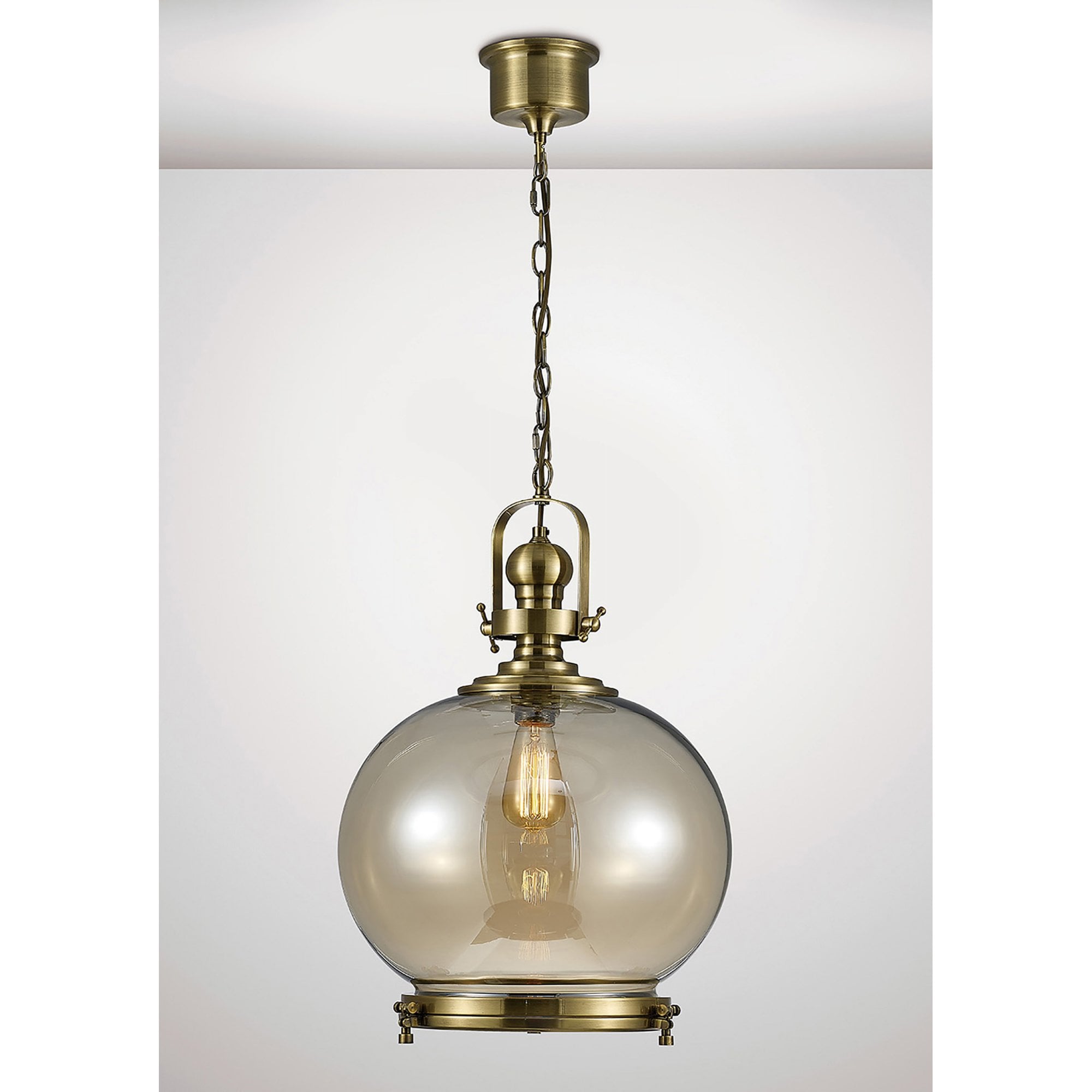 Diyas IL31598 Riley Single Large Ball Pendant 1 Light E27 Antique Brass/Cognac Glass