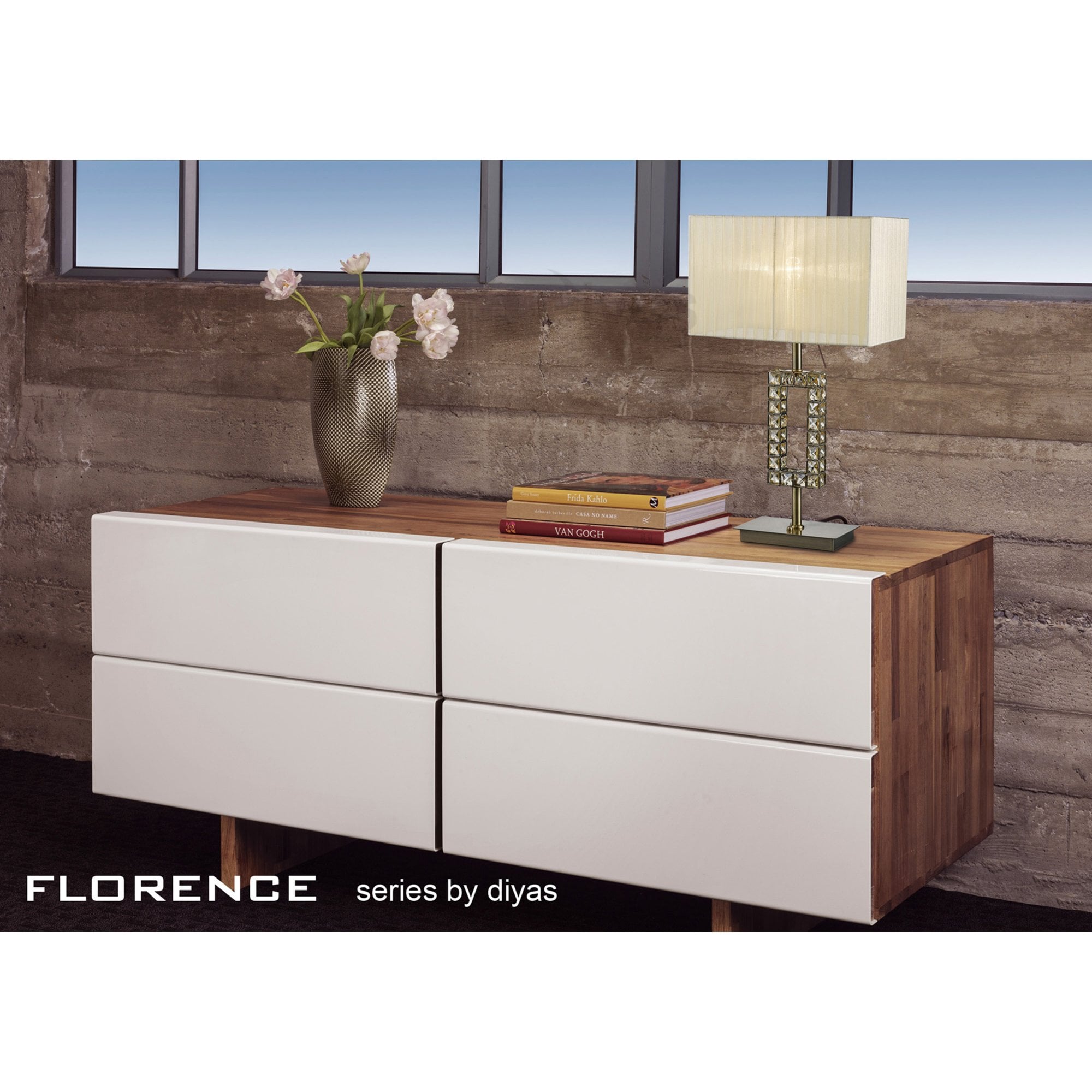 Diyas IL31532 Florence Rectangle Table Lamp With Cream Shade 1 Light Antique Brass/Crystal