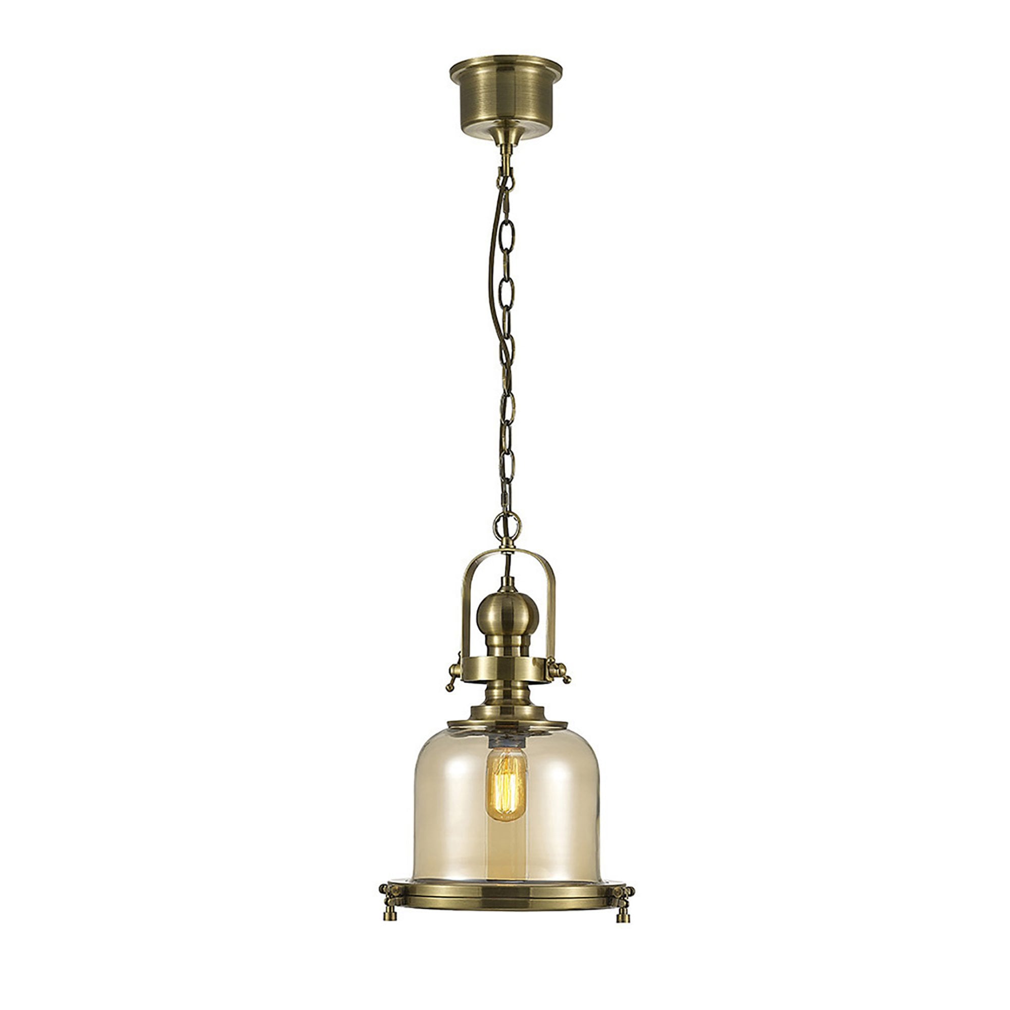 Diyas IL31593 Riley Single Small Bell Pendant 1 Light E27 Antique Brass/Cognac Glass