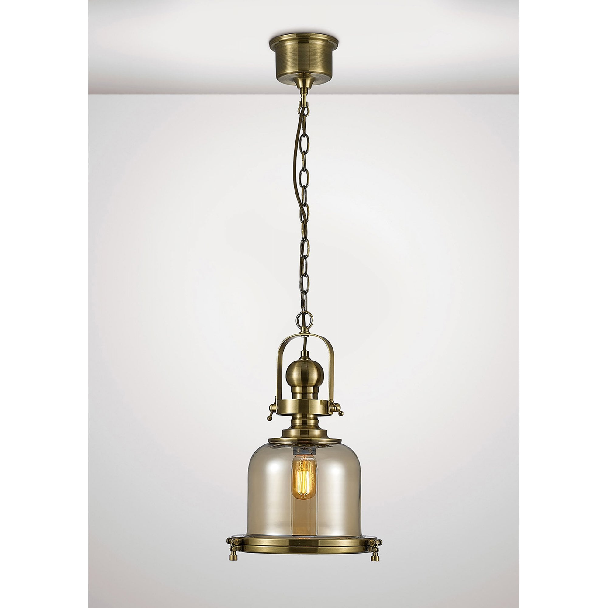 Diyas IL31593 Riley Single Small Bell Pendant 1 Light E27 Antique Brass/Cognac Glass