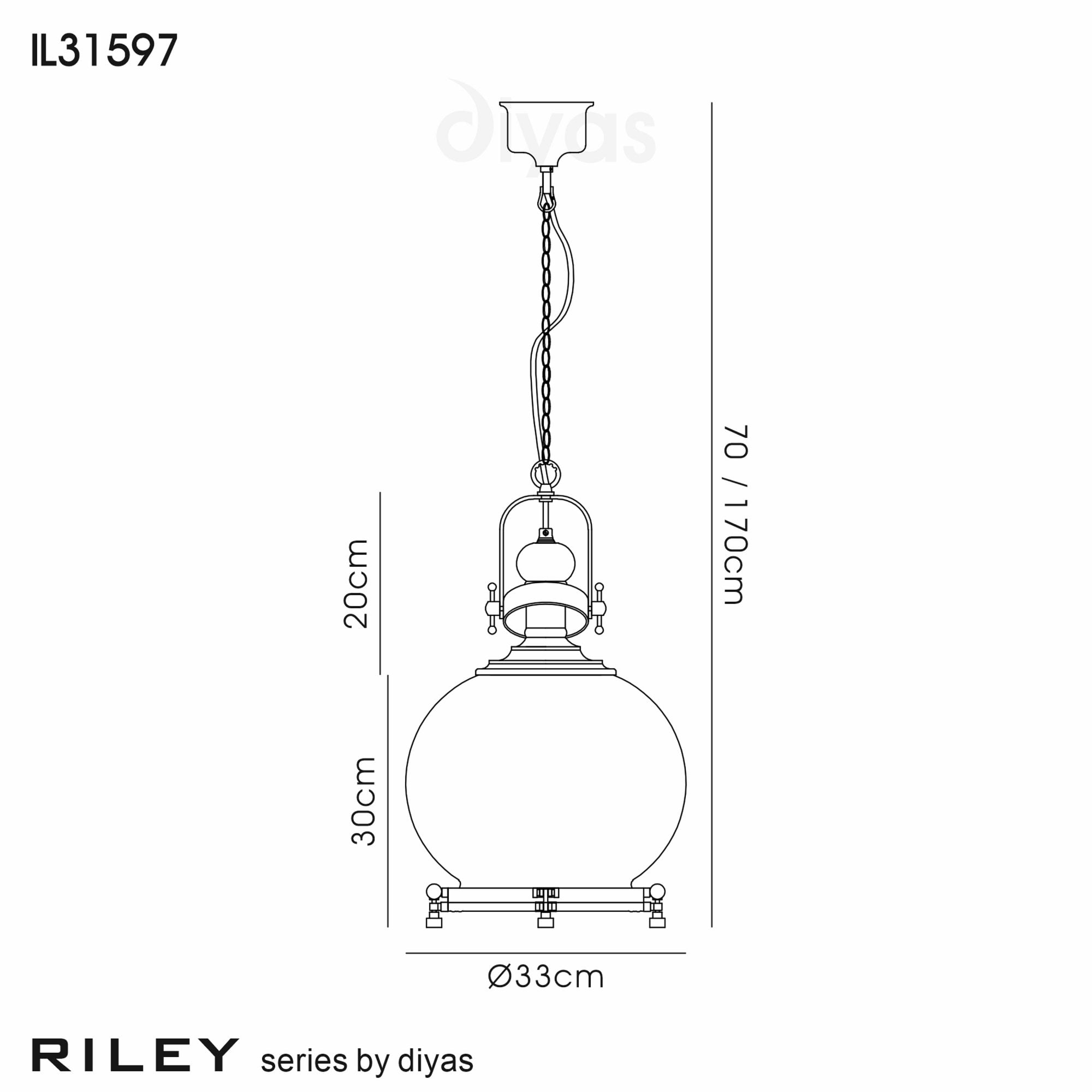 Diyas IL31597 Riley Single Medium Ball Pendant 1 Light E27 Antique Brass/Cognac Glass