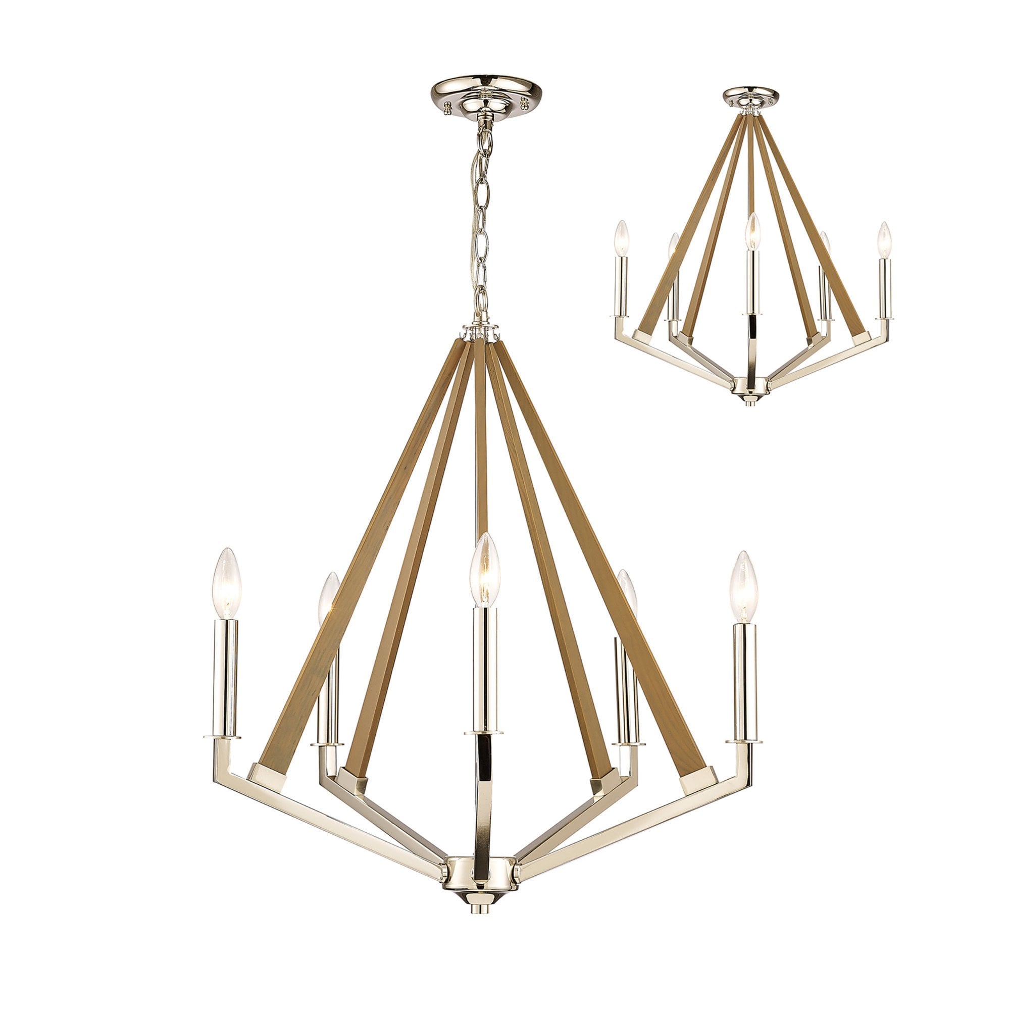 Diyas IL31682 Hilton Pentagonal Pendant 5 Light E14 Polished Nickel/Taupe Wood