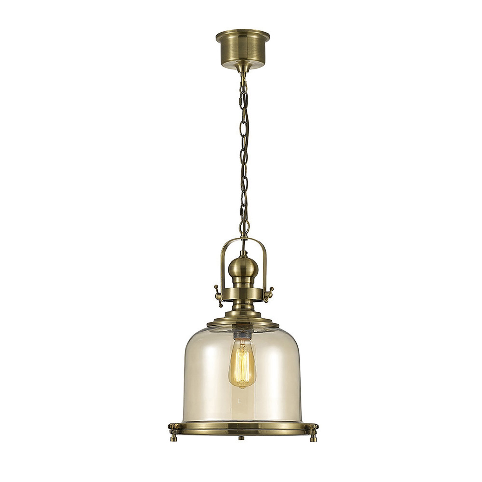 Diyas IL31594 Riley Single Medium Bell Pendant 1 Light E27 Antique Brass/Cognac Glass