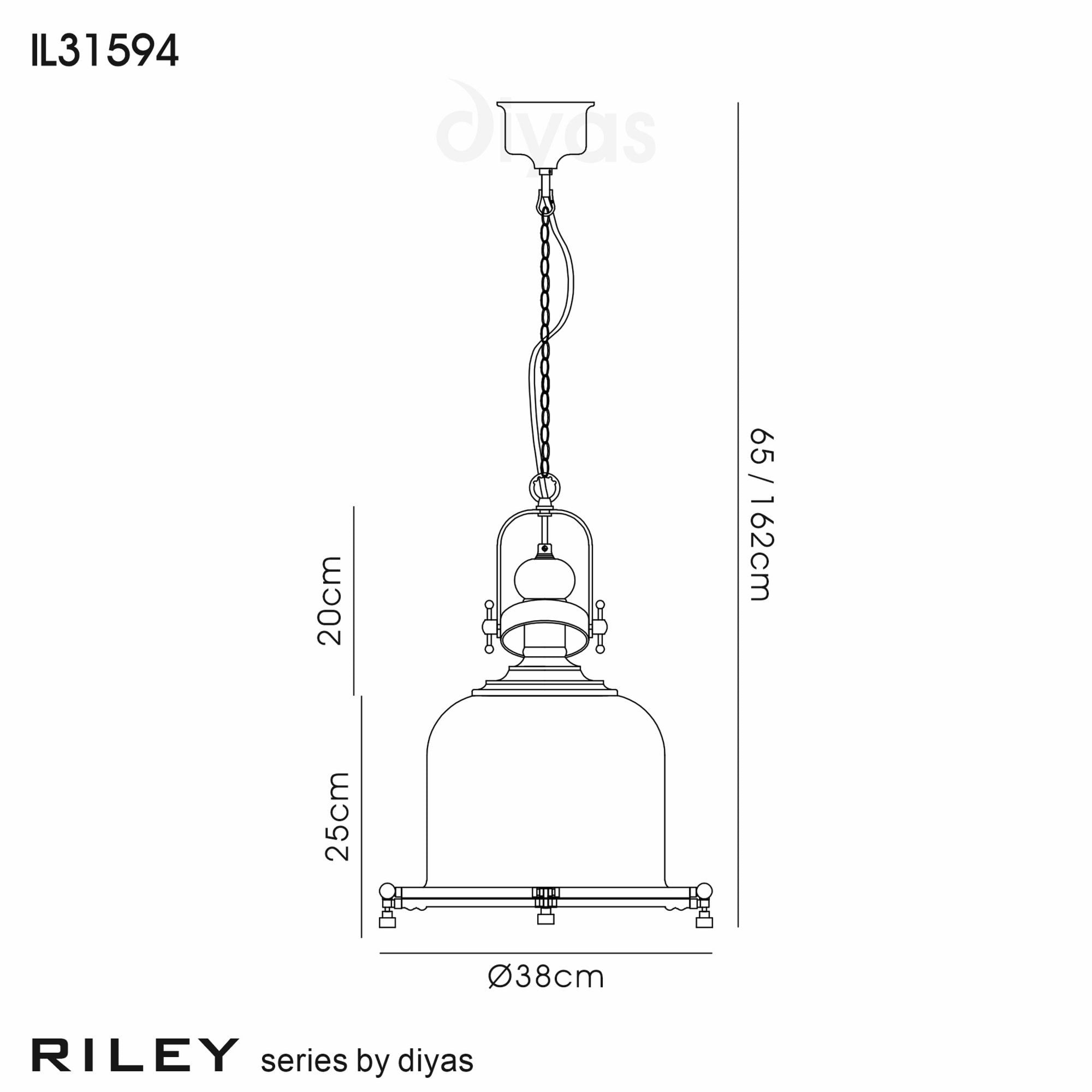Diyas IL31594 Riley Single Medium Bell Pendant 1 Light E27 Antique Brass/Cognac Glass