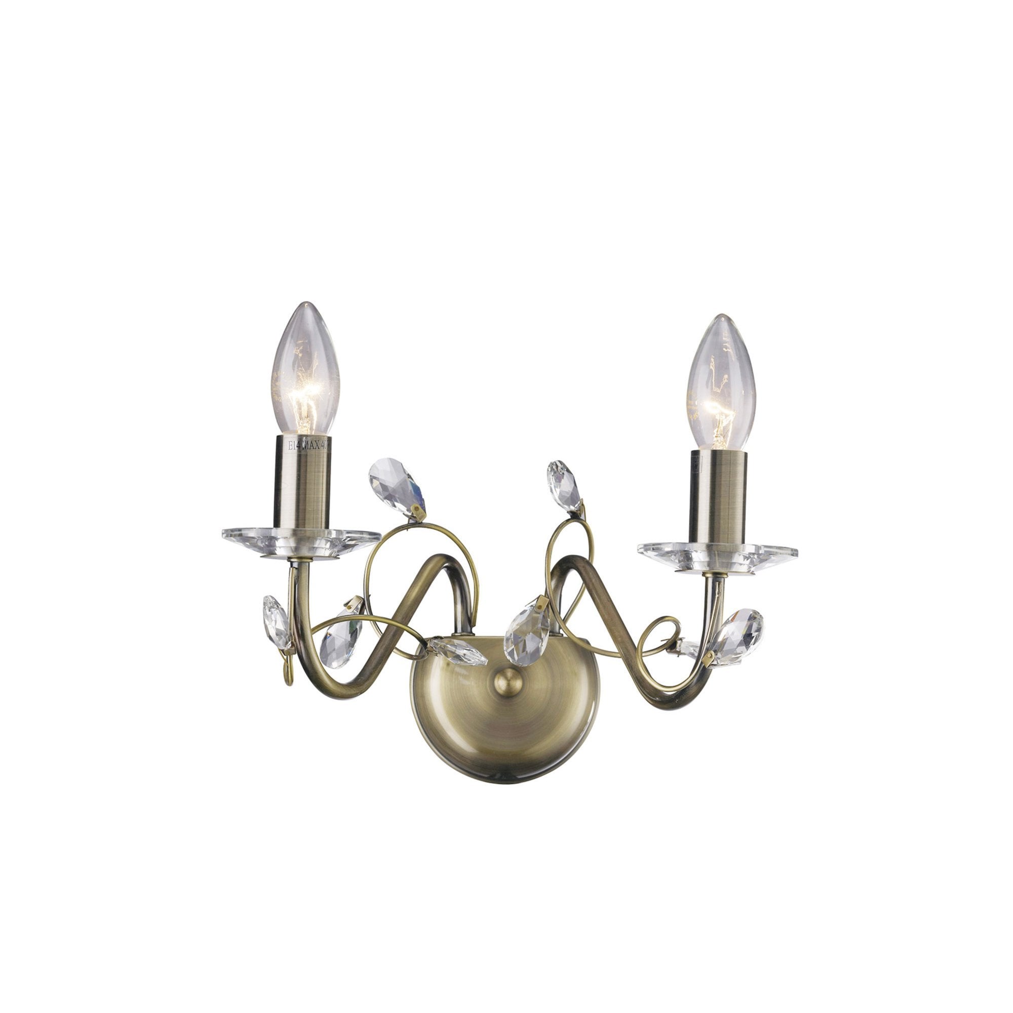 Diyas IL31222 Willow Wall Light Without Shade 2 Light Antique Brass/Crystal