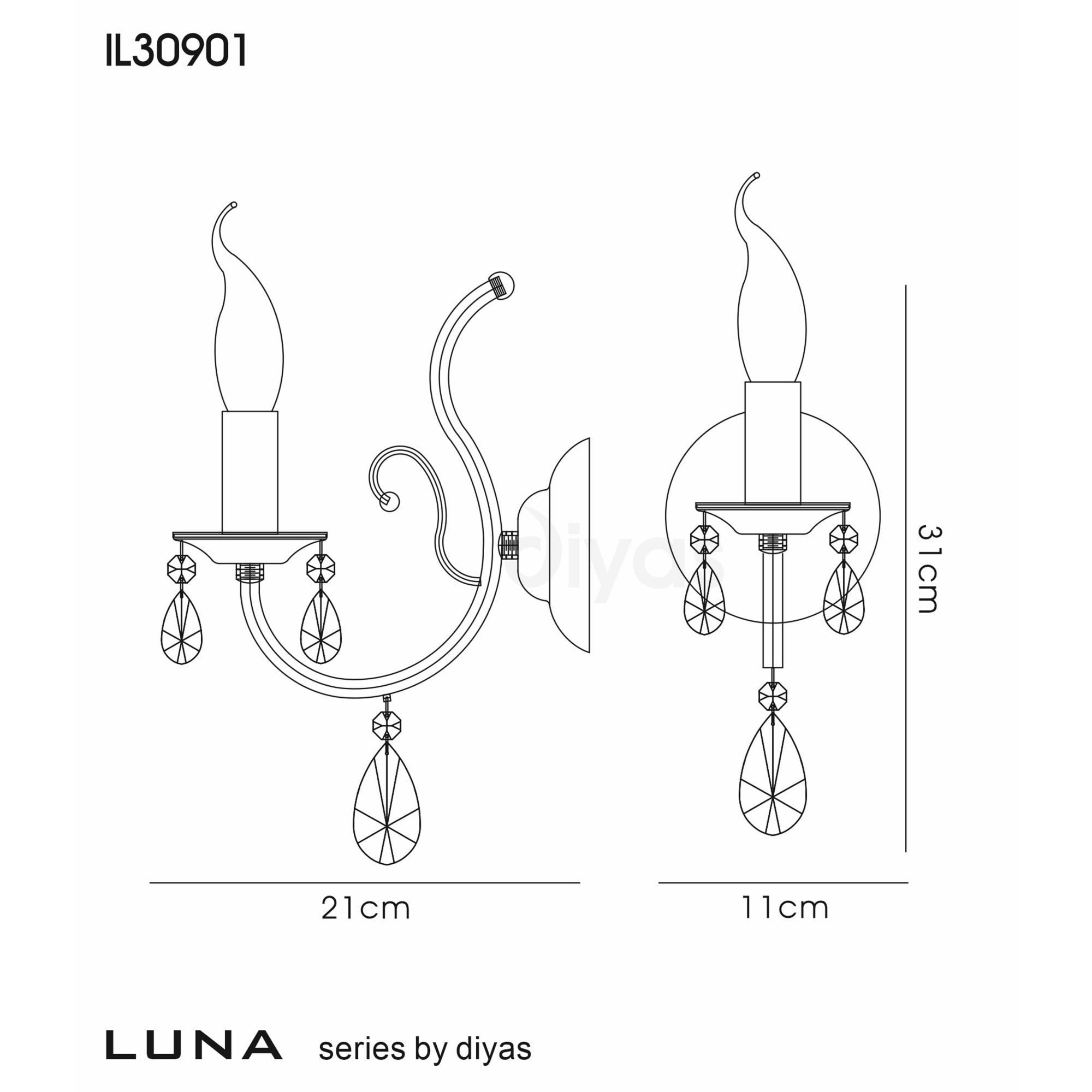 Diyas IL30901 Luna Wall Light 1 Light Black Chrome/Crystal