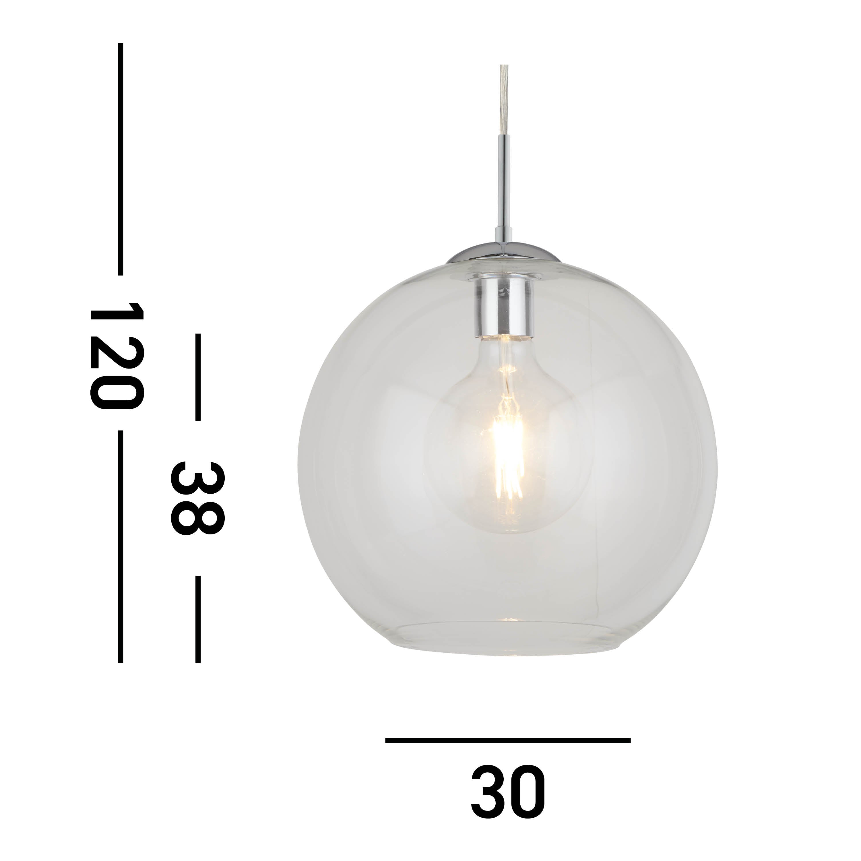 Searchlight Baines Single Round Pendant (30cm Diameter), Clear Glass, Chrome