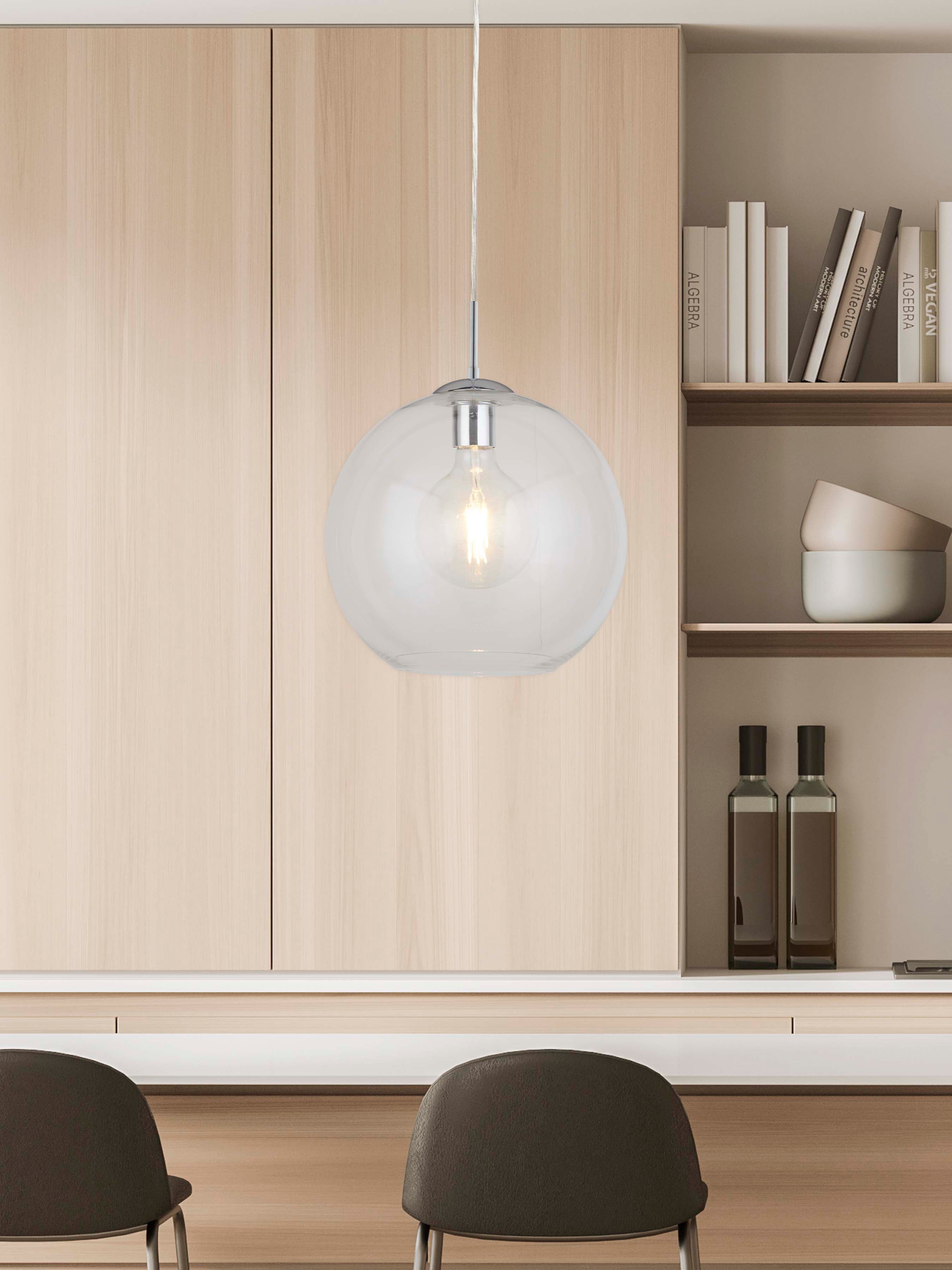 Searchlight Baines Single Round Pendant (30cm Diameter), Clear Glass, Chrome