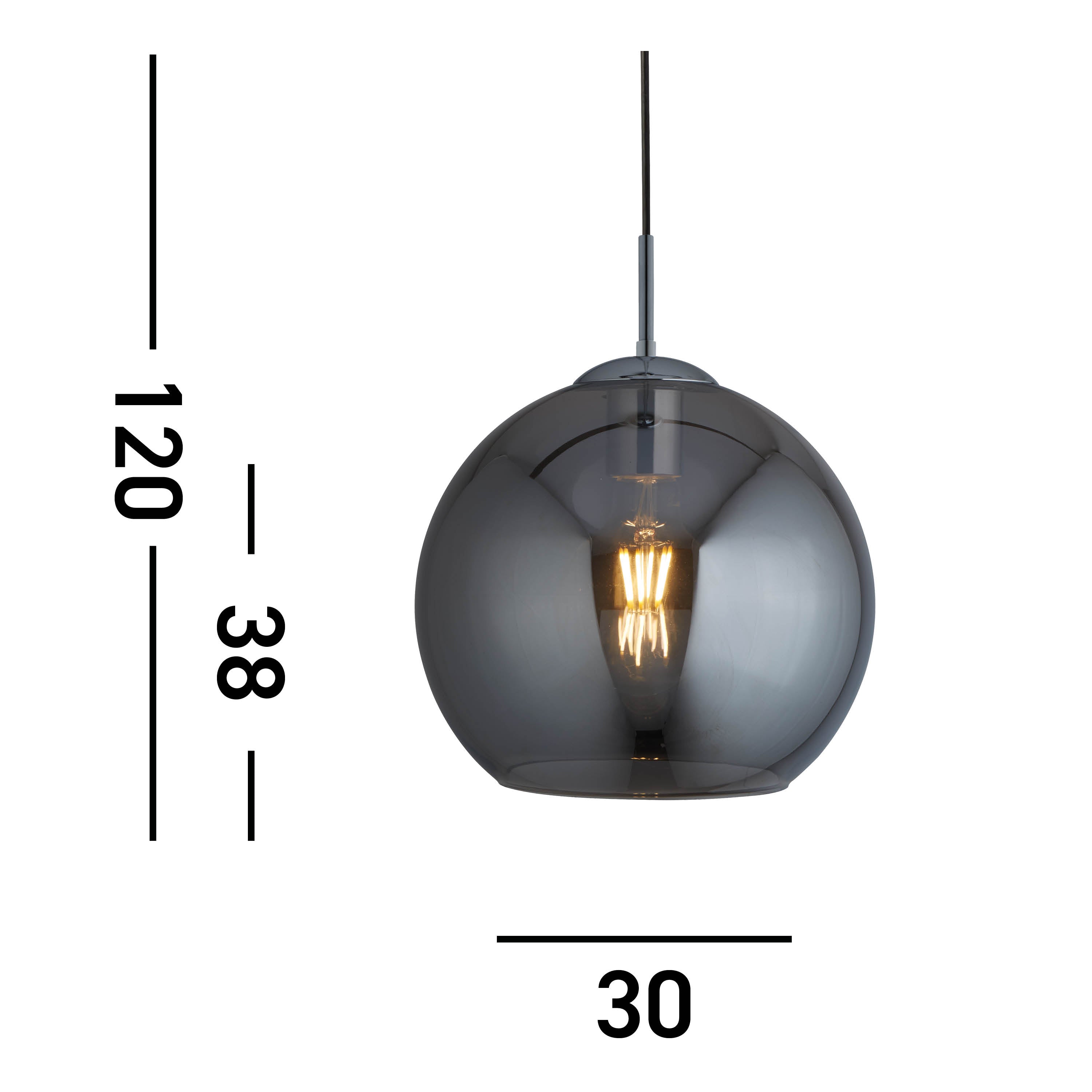 Searchlight Baines Single Round Pendant (30cm Diameter), Smoked Glass, Chrome