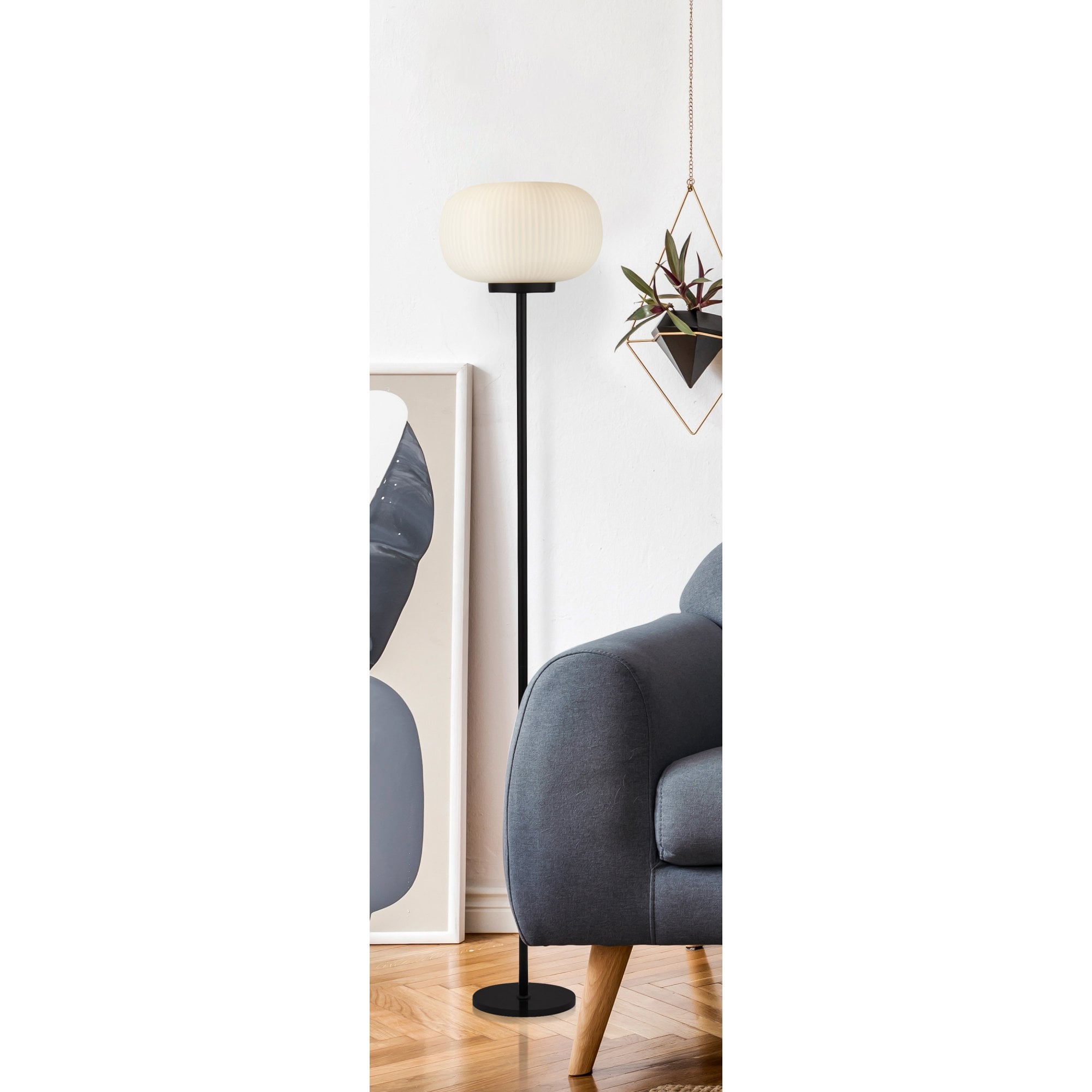 Searchlight Leopold Floor Lamp - Matt Black & Frosted Ribbed Glass