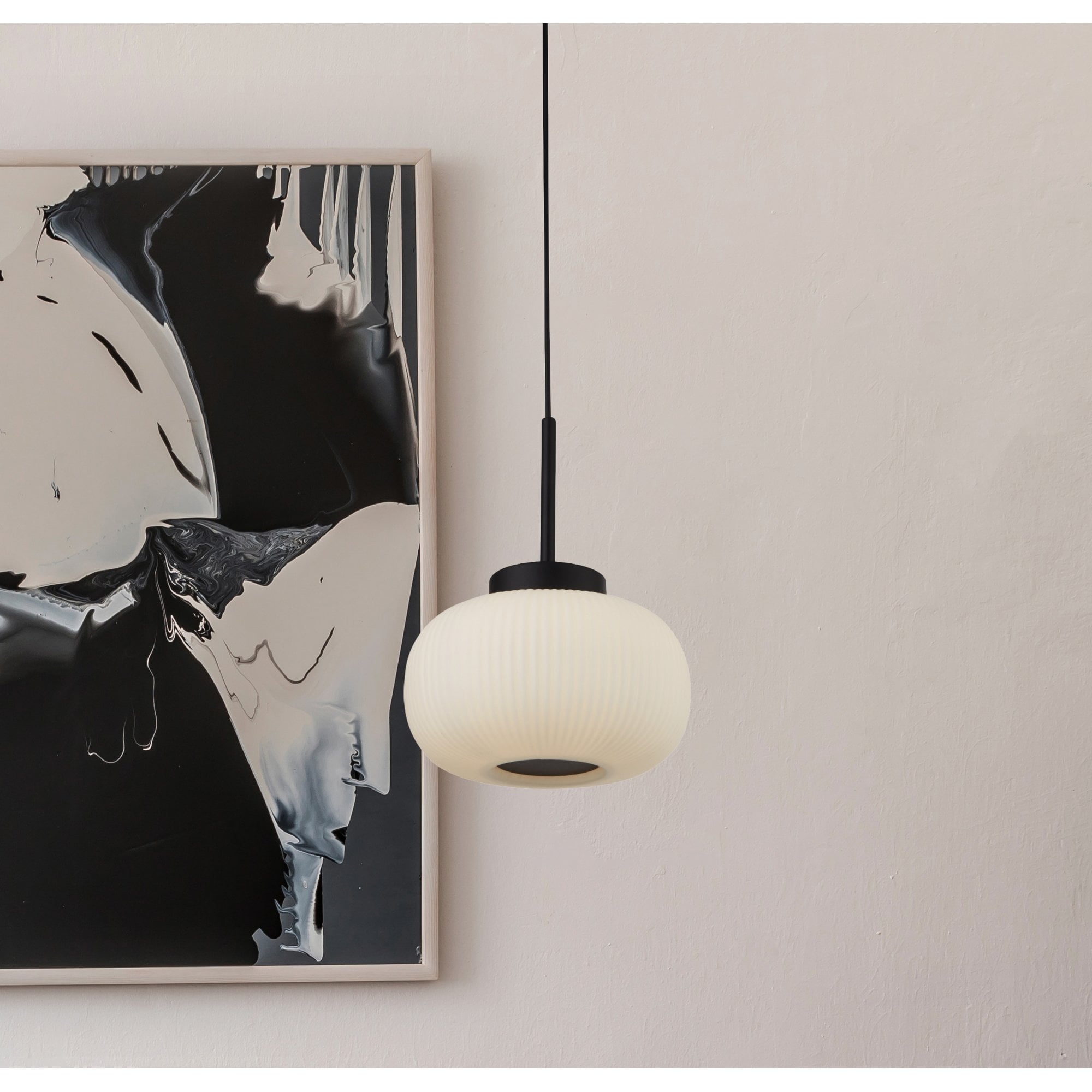 Searchlight Leopold Ceiling Pendant - Matt Black & Frosted Ribbed Glass