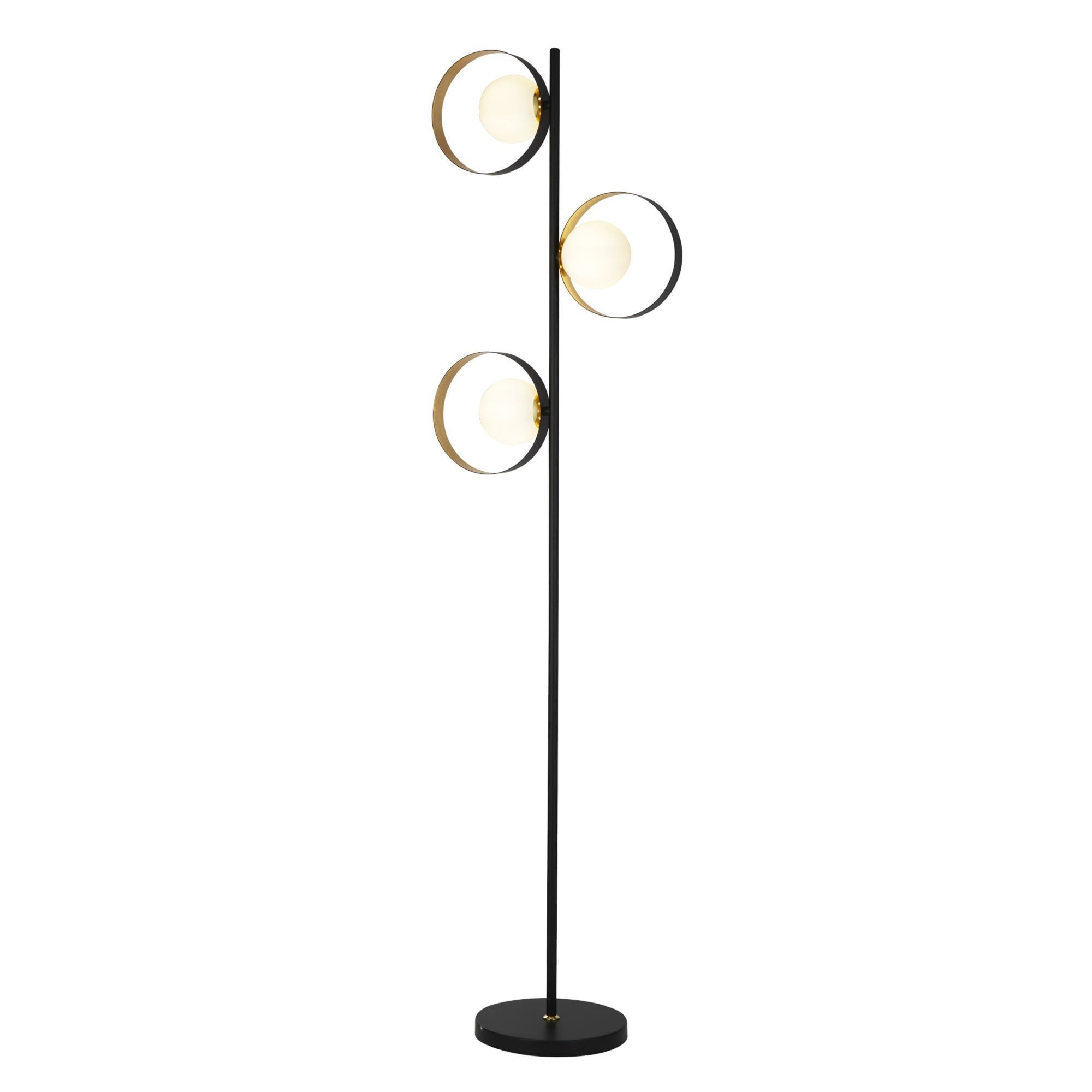 Searchlight Olivia 3 Light Floor Lamp - Matt Black Gold Leaf With Opal Glass Globe