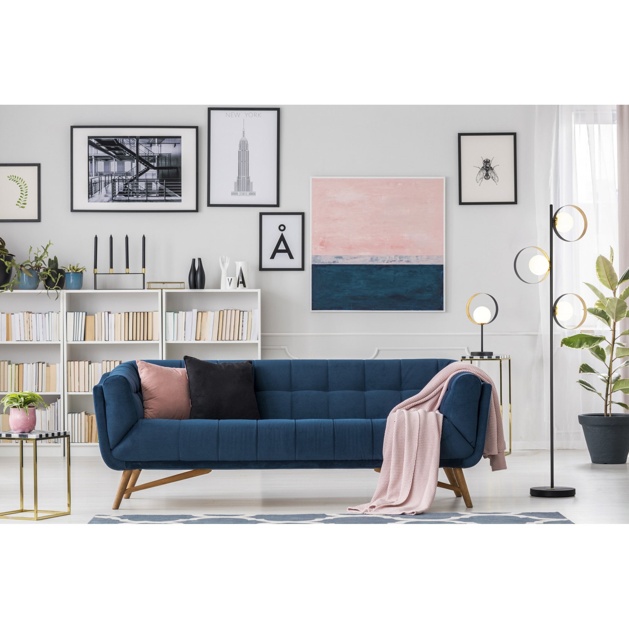 Searchlight Olivia 3 Light Floor Lamp - Matt Black Gold Leaf With Opal Glass Globe