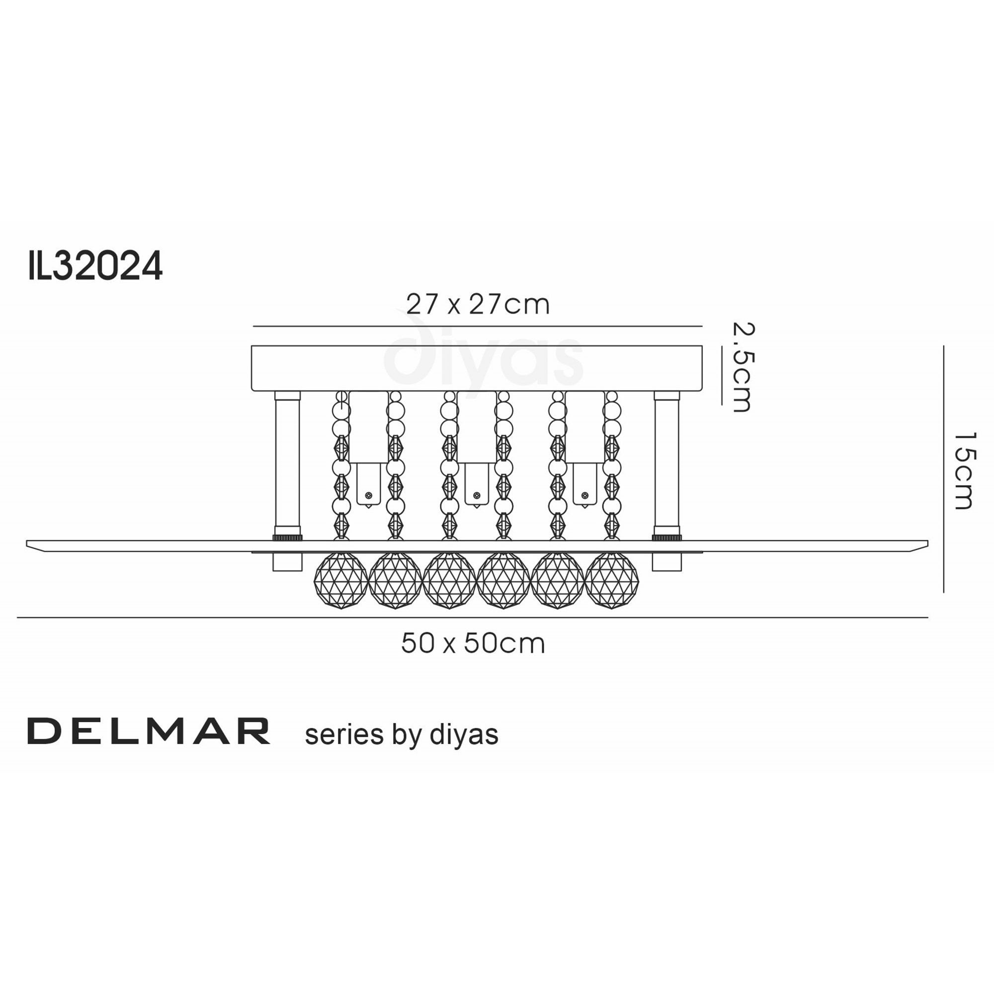 Diyas IL32024 Delmar Flush Square 6 Light French Gold/Glass/Crystal