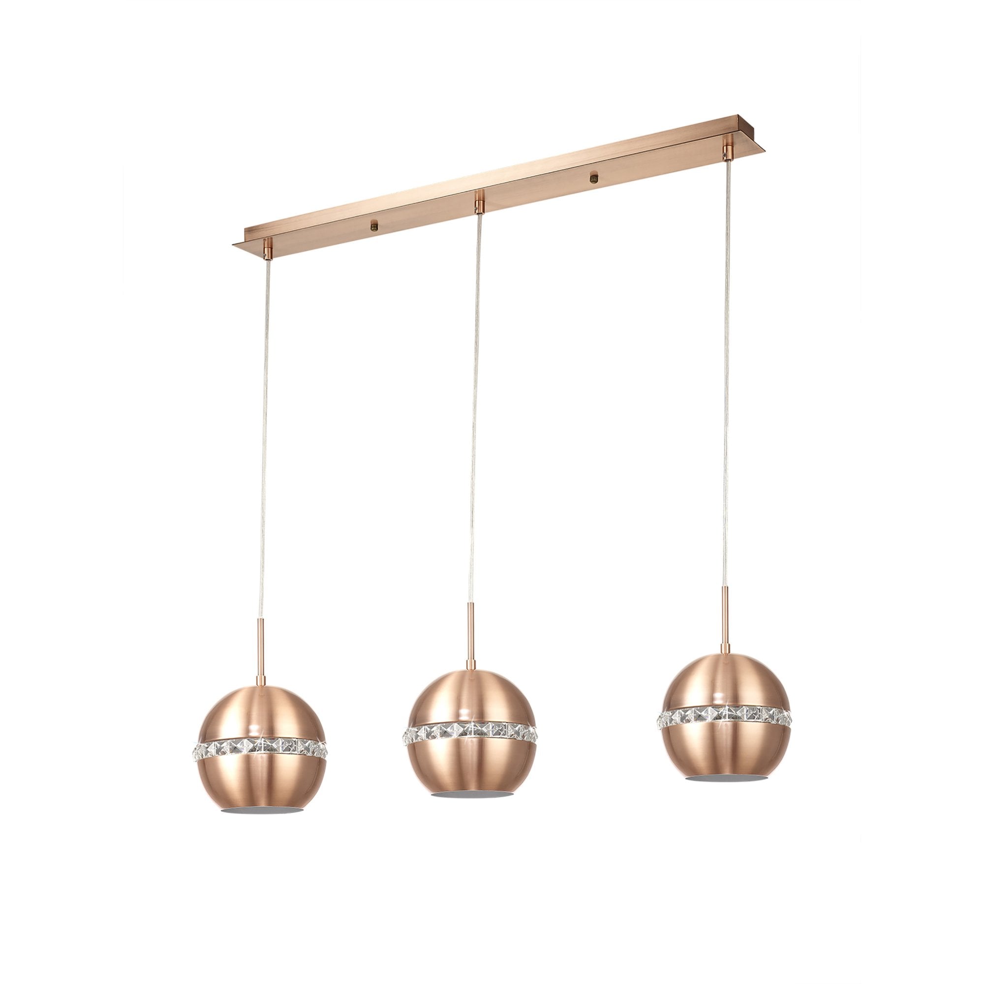 Diyas IL31611 Andrea Pendant 3 Light E27 Linear Satin Copper/Crystal