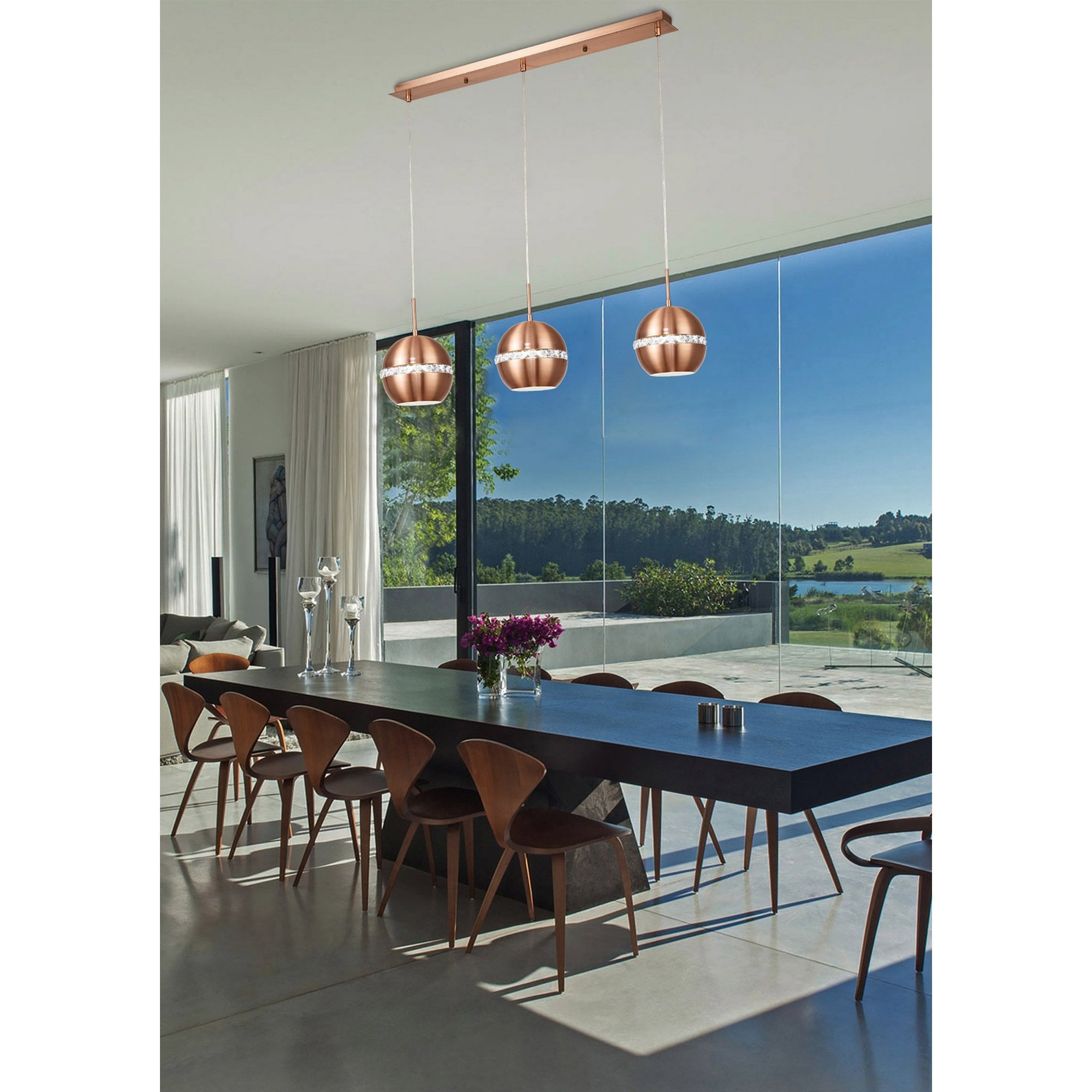 Diyas IL31611 Andrea Pendant 3 Light E27 Linear Satin Copper/Crystal