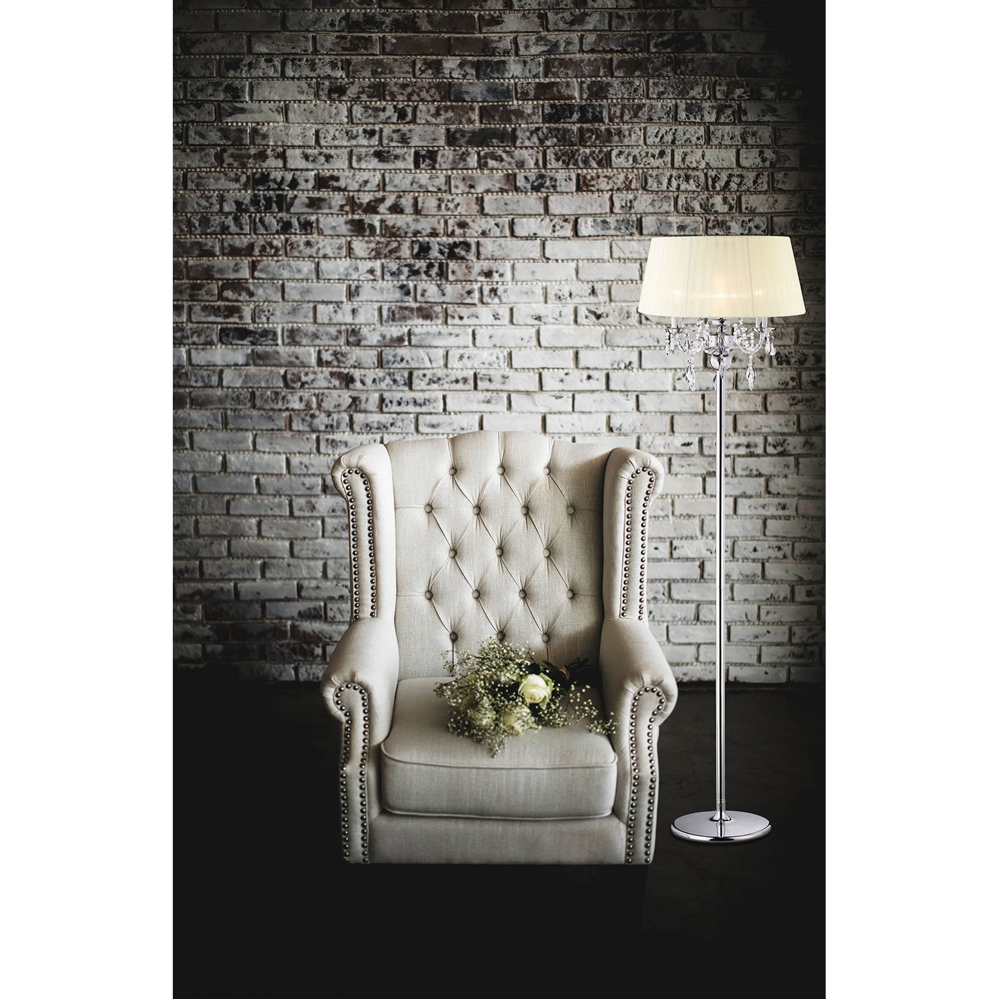 Diyas IL30063 Olivia Floor Lamp With Ivory Cream Shade 3 Light Polished Chrome/Crystal
