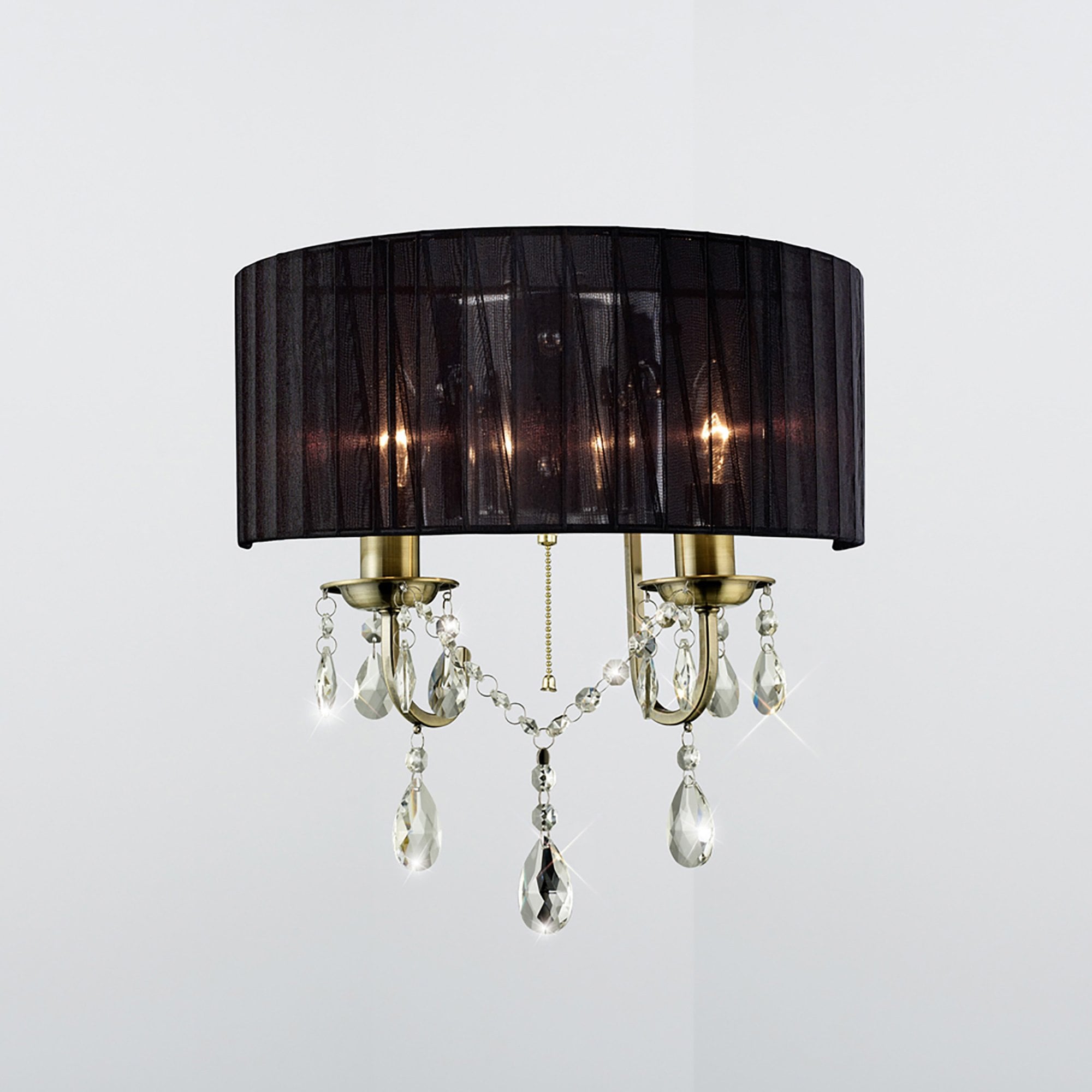 Diyas IL30064 Olivia Wall Light With Black Shade 2 Light Antique Brass/Crystal