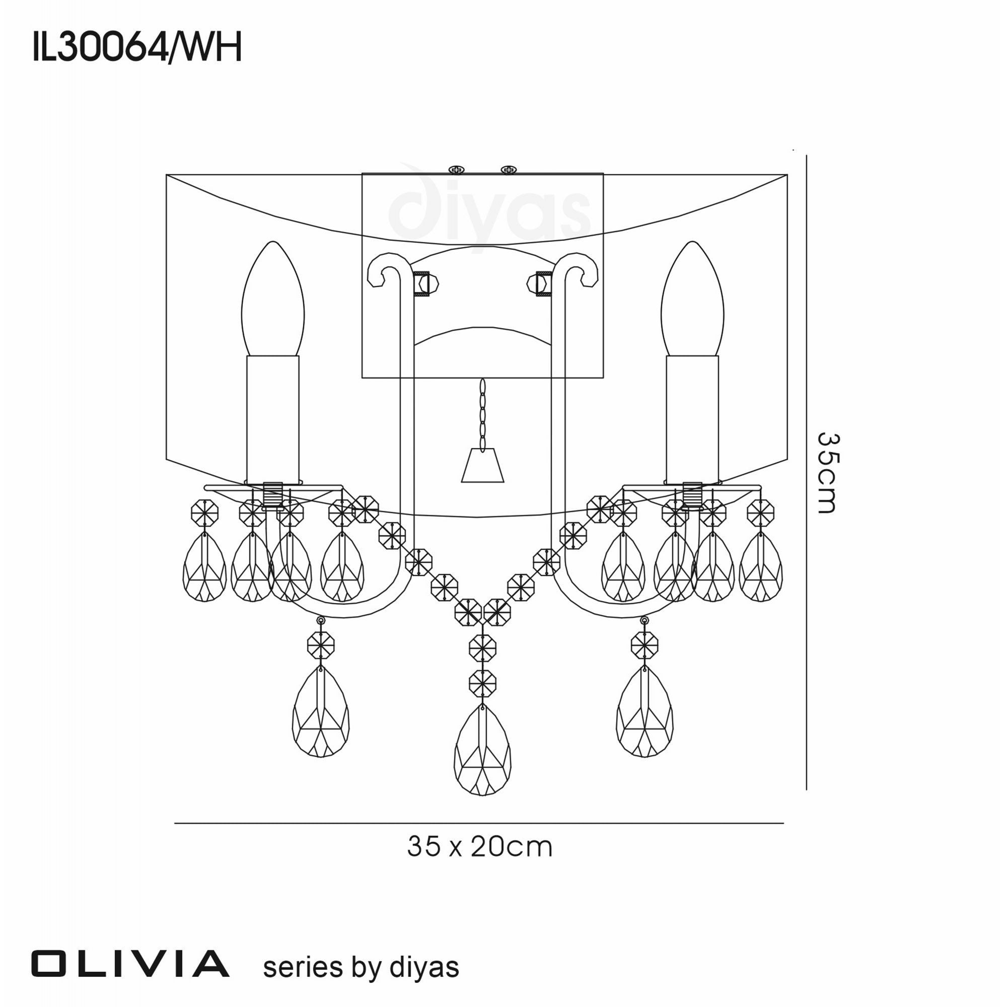 Diyas IL30064 Olivia Wall Light Switched With White Shade 2 Light Antique Brass/Crystal