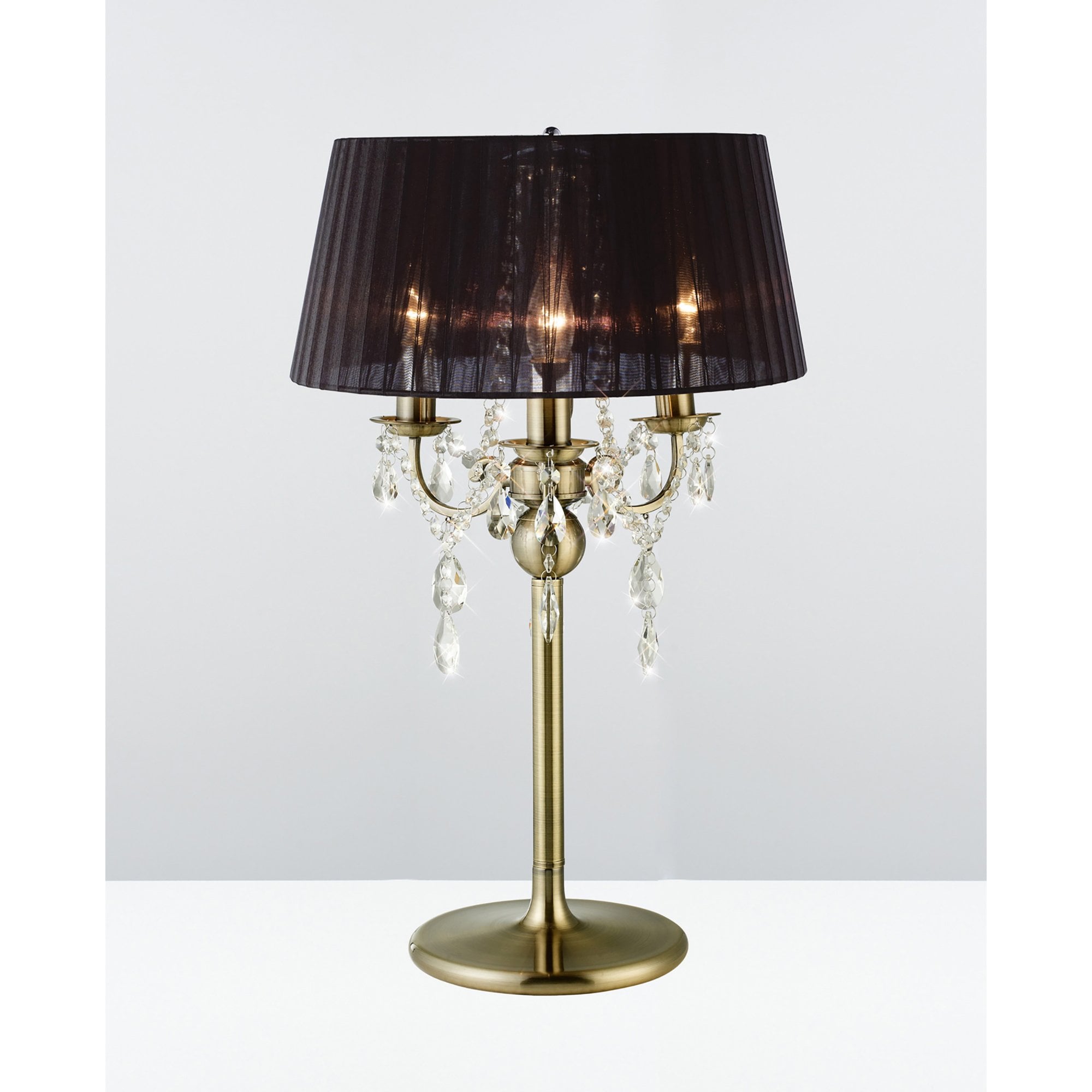 Diyas IL30065 Olivia Table Lamp With Black Shade 3 Light Antique Brass/Crystal