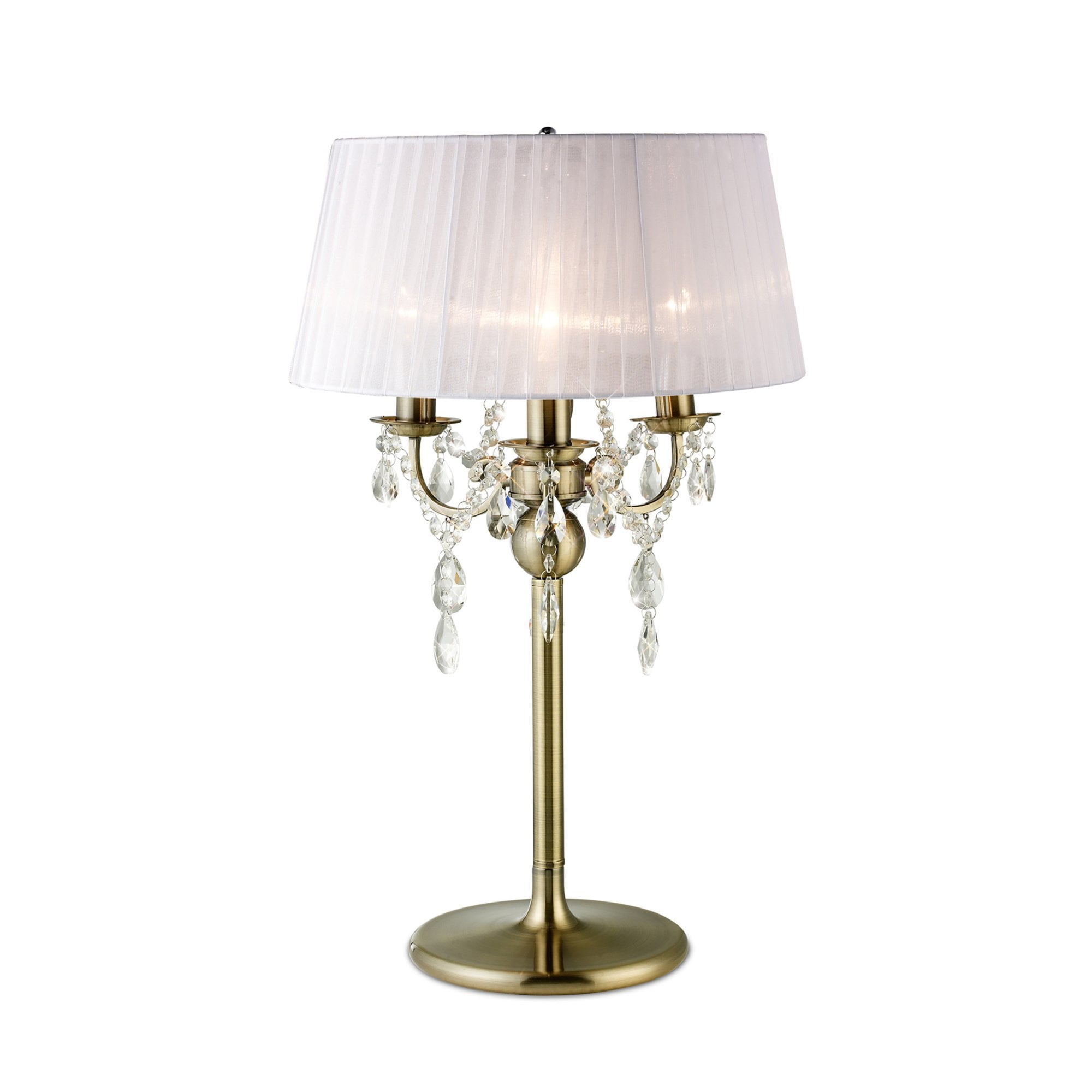 Diyas IL30065 Olivia Table Lamp With White Shade 3 Light Antique Brass/Crystal