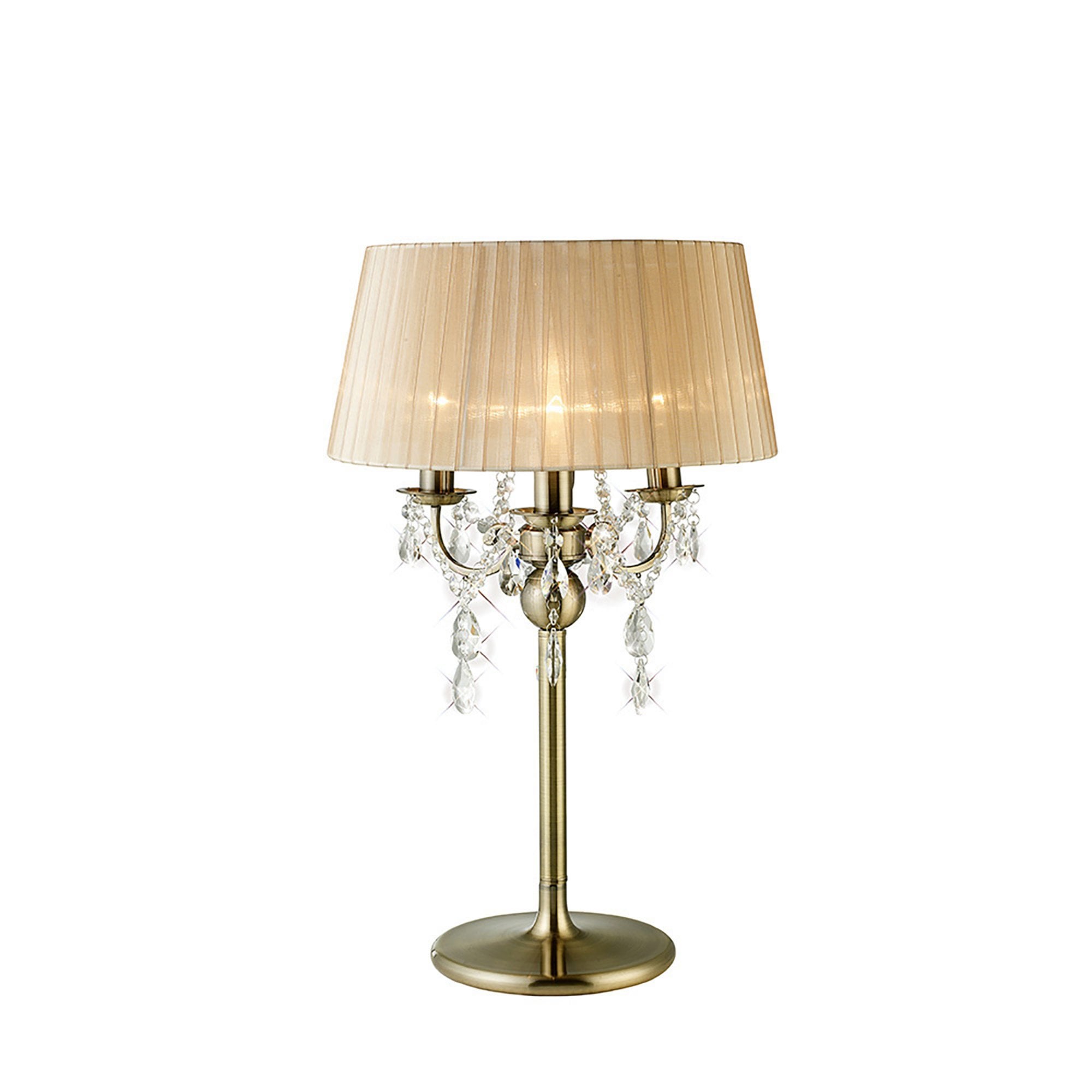 Diyas IL30065 Olivia Table Lamp With Soft Bronze Shade 3 Light Antique Brass/Crystal