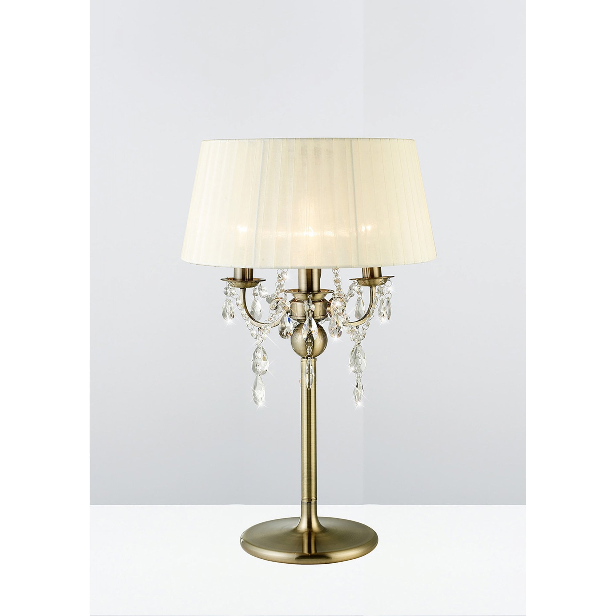 Diyas IL30065 Olivia Table Lamp With Cream Shade 3 Light Antique Brass/Crystal