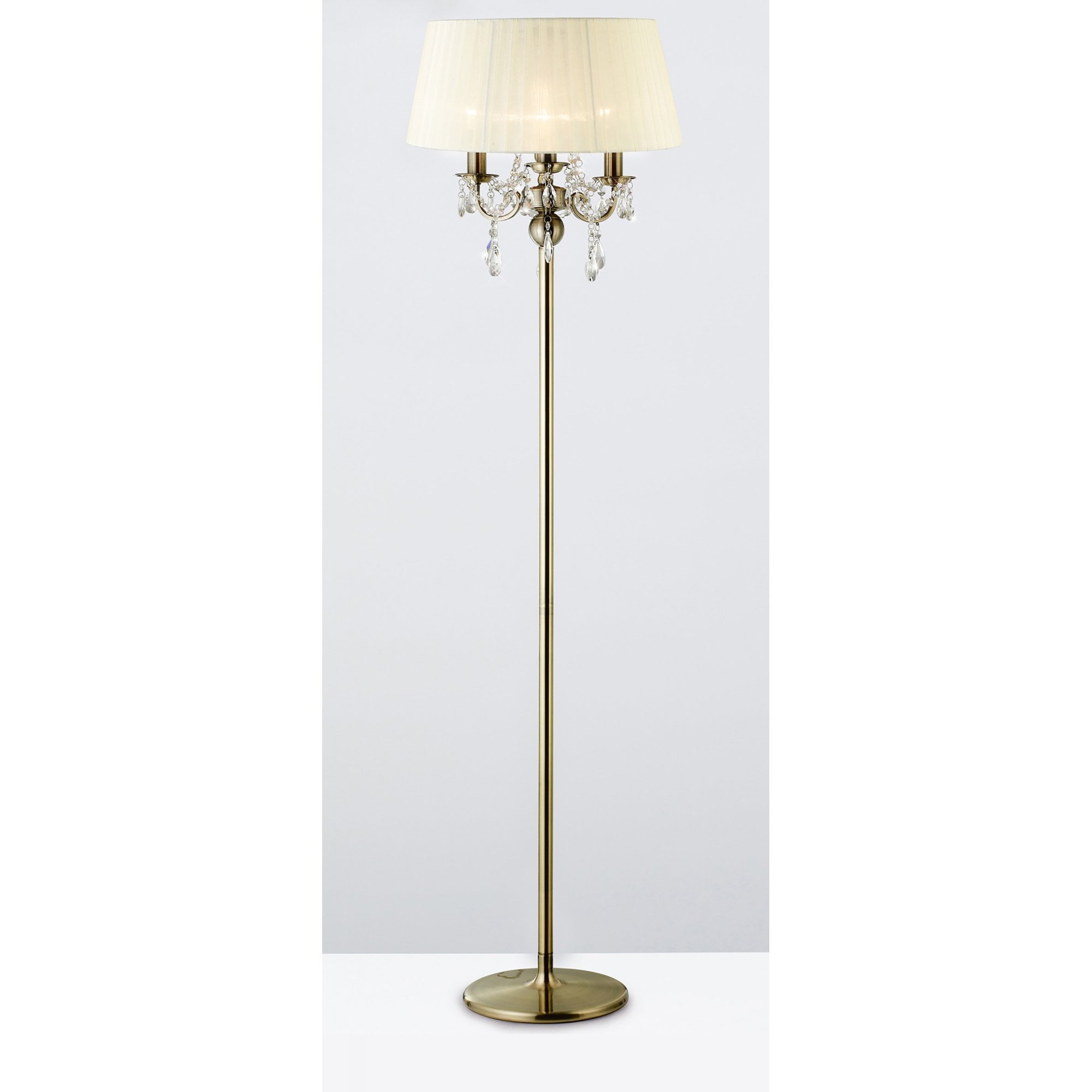 Diyas IL30066 Olivia Floor Lamp With Cream Shade 3 Light Antique Brass/Crystal