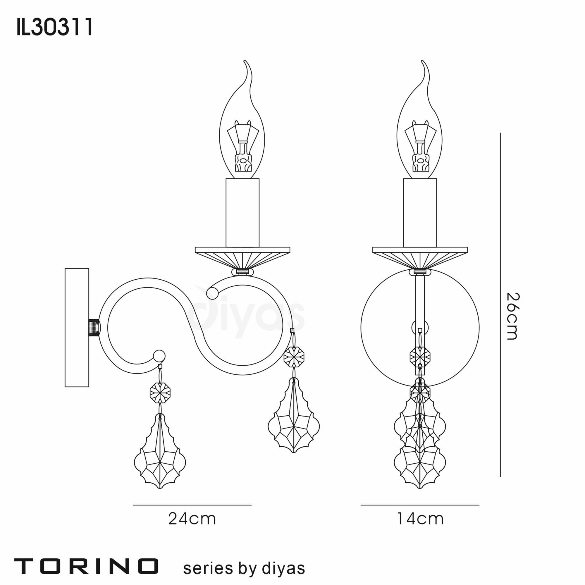 Diyas IL30311 Torino Wall Light Switched 1 Light Polished Chrome/Crystal