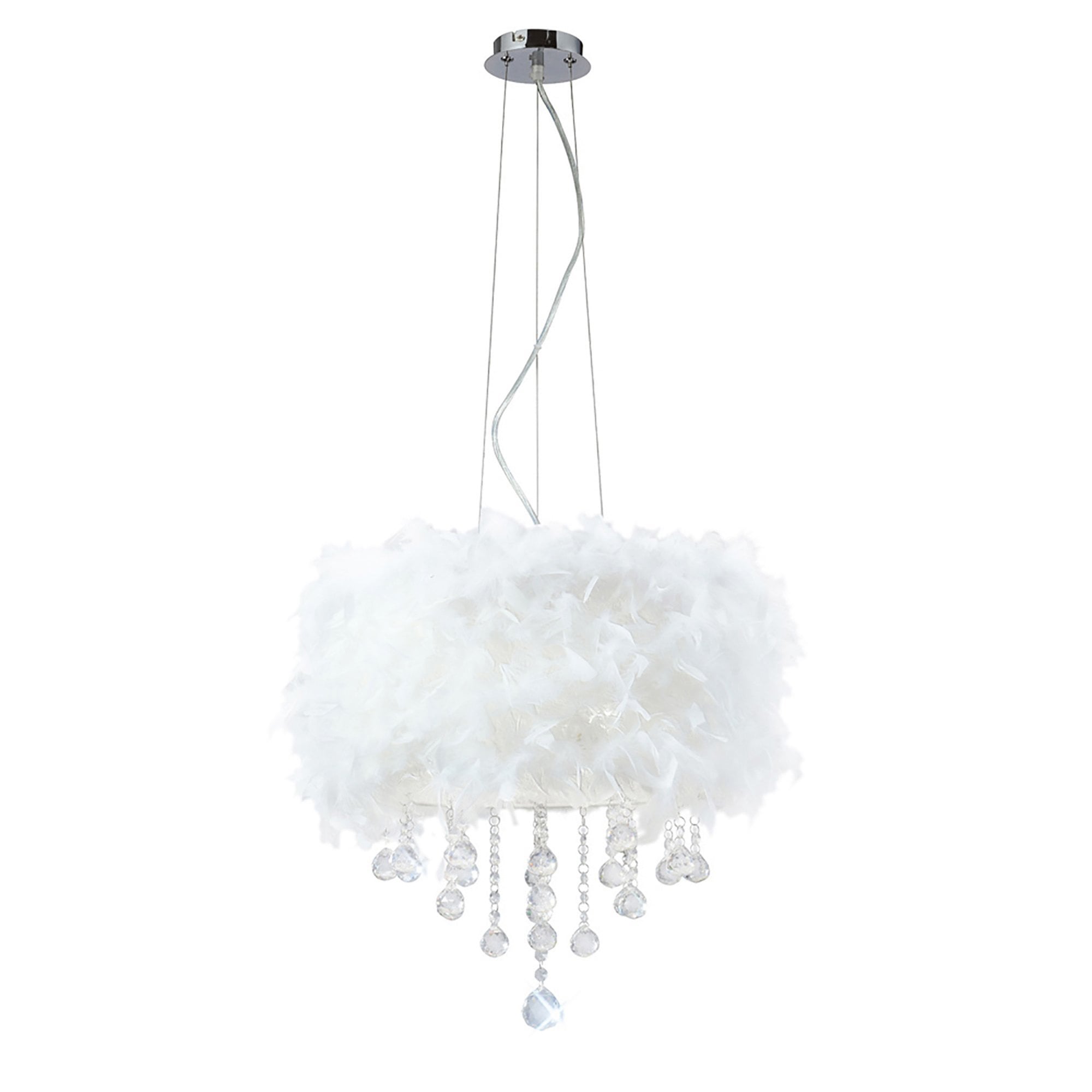 Diyas IL30742/WH Ibis Pendant With White Feather Shade 3 Light Polished Chrome/Crystal