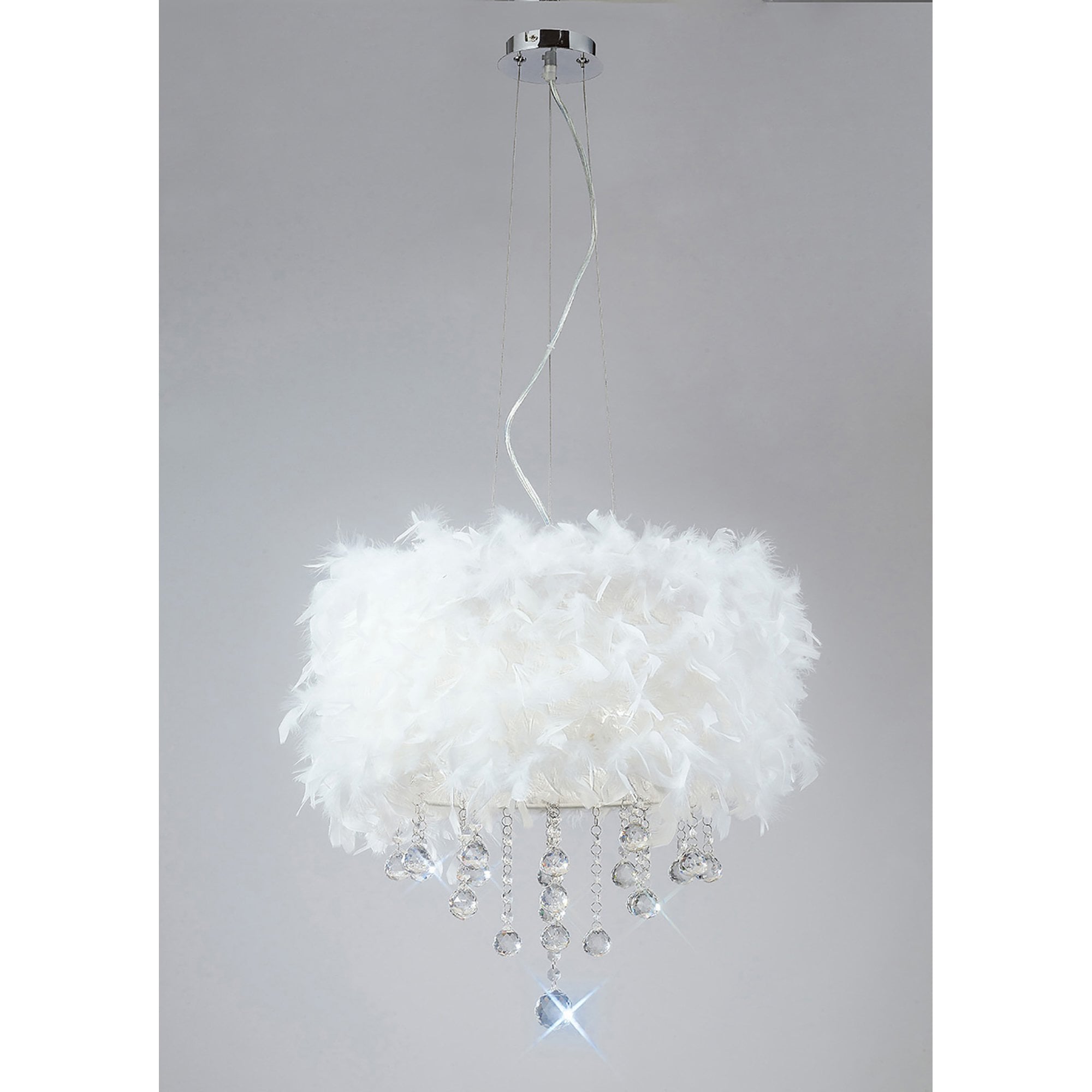 Diyas IL30742/WH Ibis Pendant With White Feather Shade 3 Light Polished Chrome/Crystal