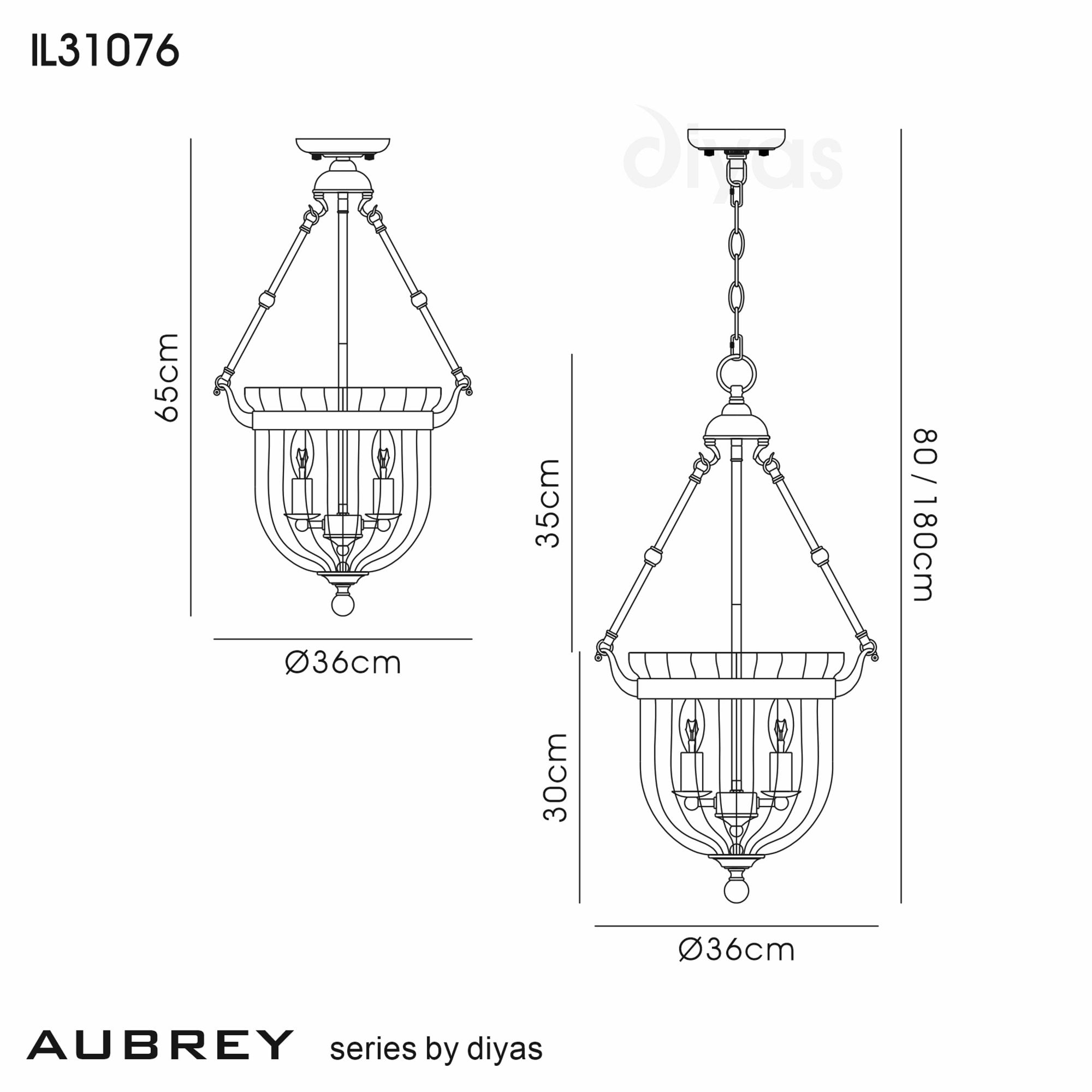 Diyas IL31076 Aubrey Pendant 3 Light Antique Brass/Glass