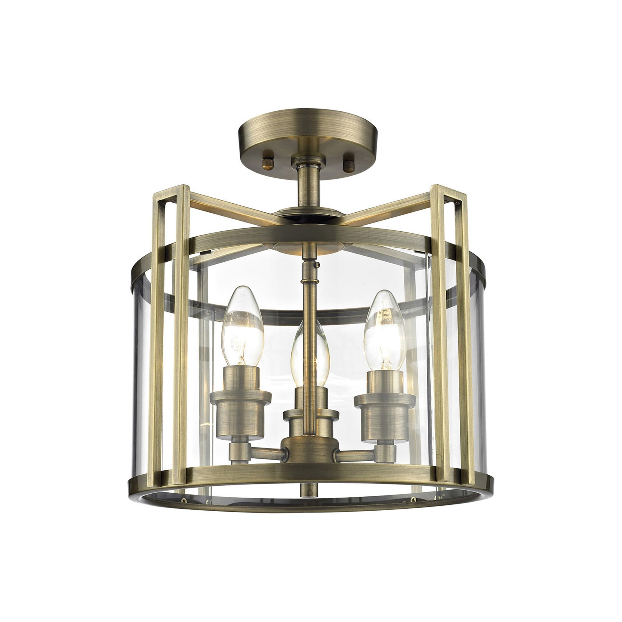 Diyas IL31090 Eaton Semi Ceiling 3 Light Antique Brass/Glass