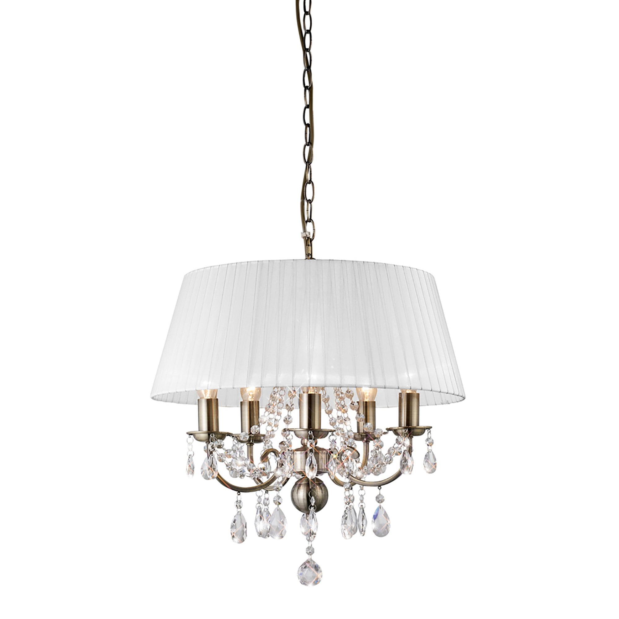 Diyas IL30047 Olivia Pendant With White Shade 5 Light Antique Brass/Crystal