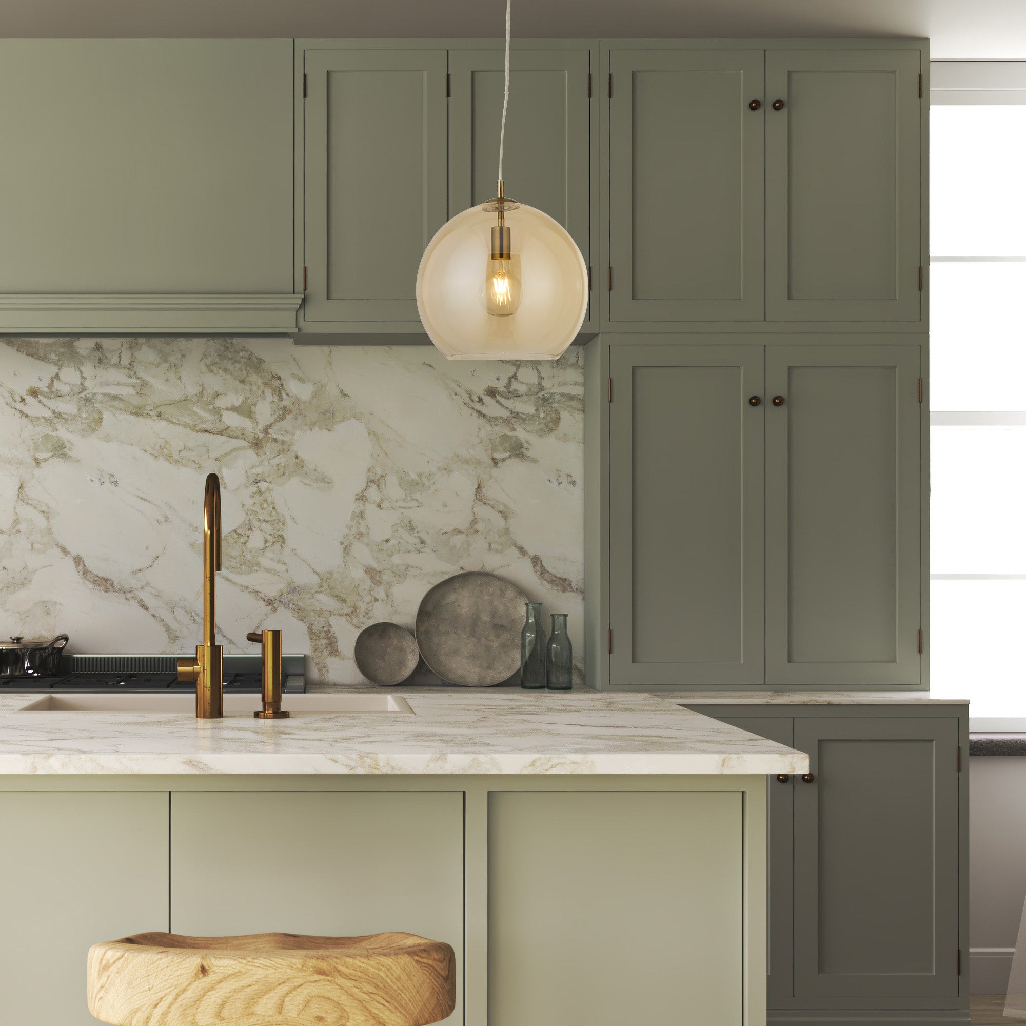 Searchlight Baines Single Round Pendant (35cm Diameter), Amber Glass, Antique Brass