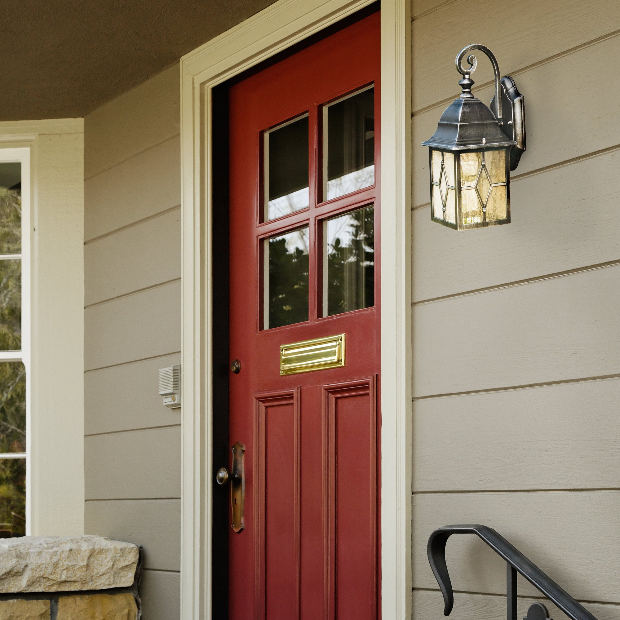 Searchlight Garnett Outdoor Wall Light - Black Silver & Leaded Glass