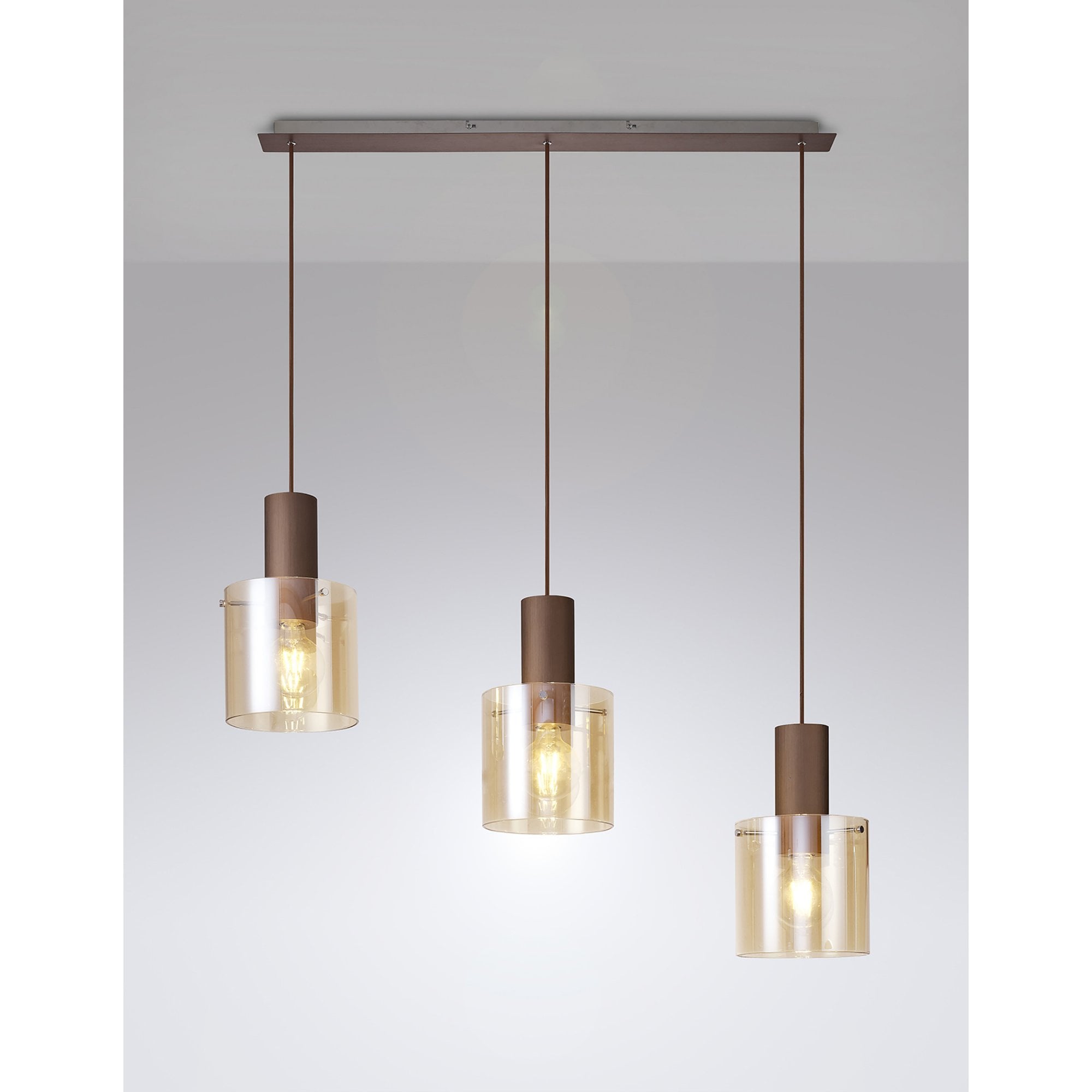 Fabula Kendon Adjustable 3 Light Linear Pendant - Mocha & Amber Glass