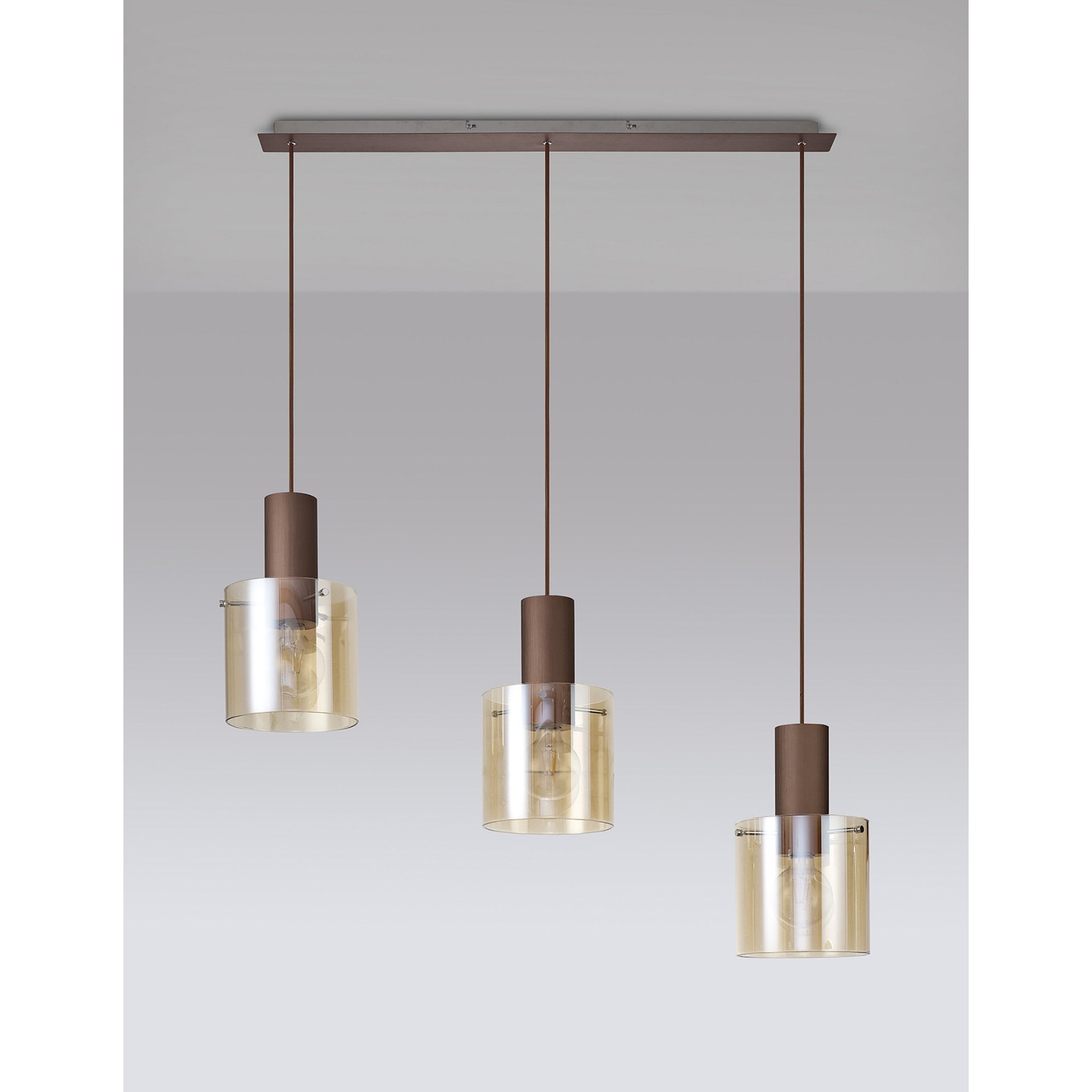 Fabula Kendon Adjustable 3 Light Linear Pendant - Mocha & Amber Glass