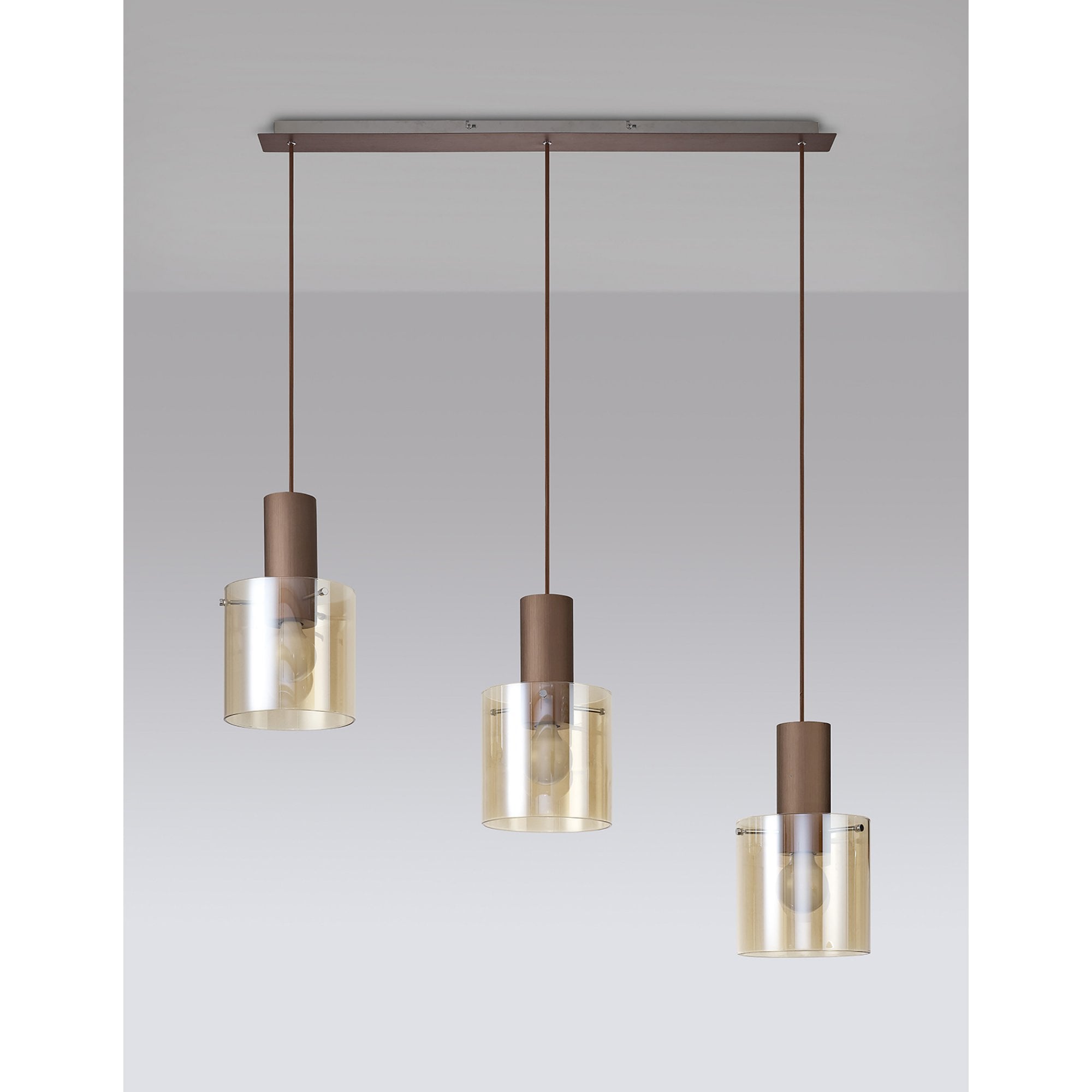 Fabula Kendon Adjustable 3 Light Linear Pendant - Mocha & Amber Glass