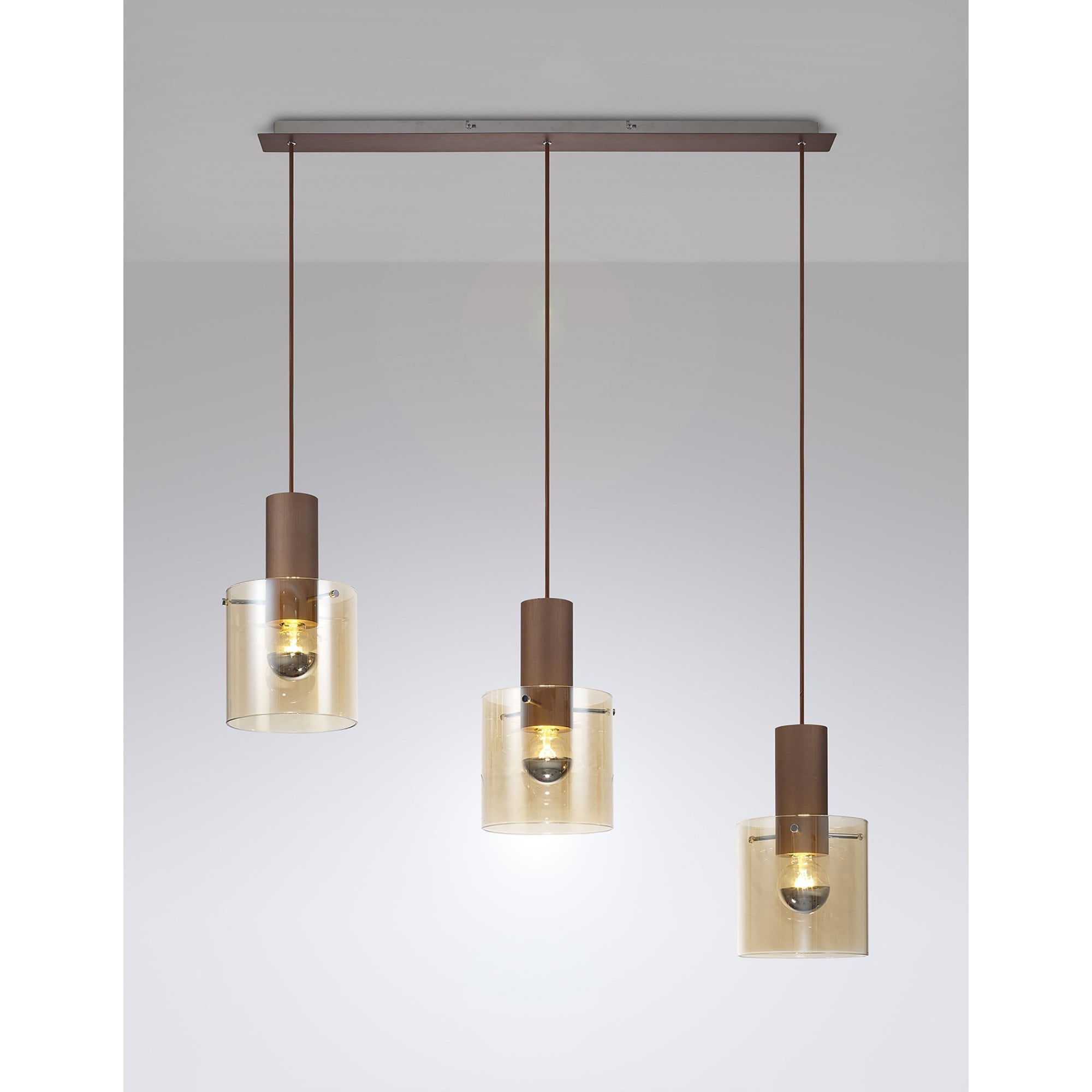 Fabula Kendon Adjustable 3 Light Linear Pendant - Mocha & Amber Glass