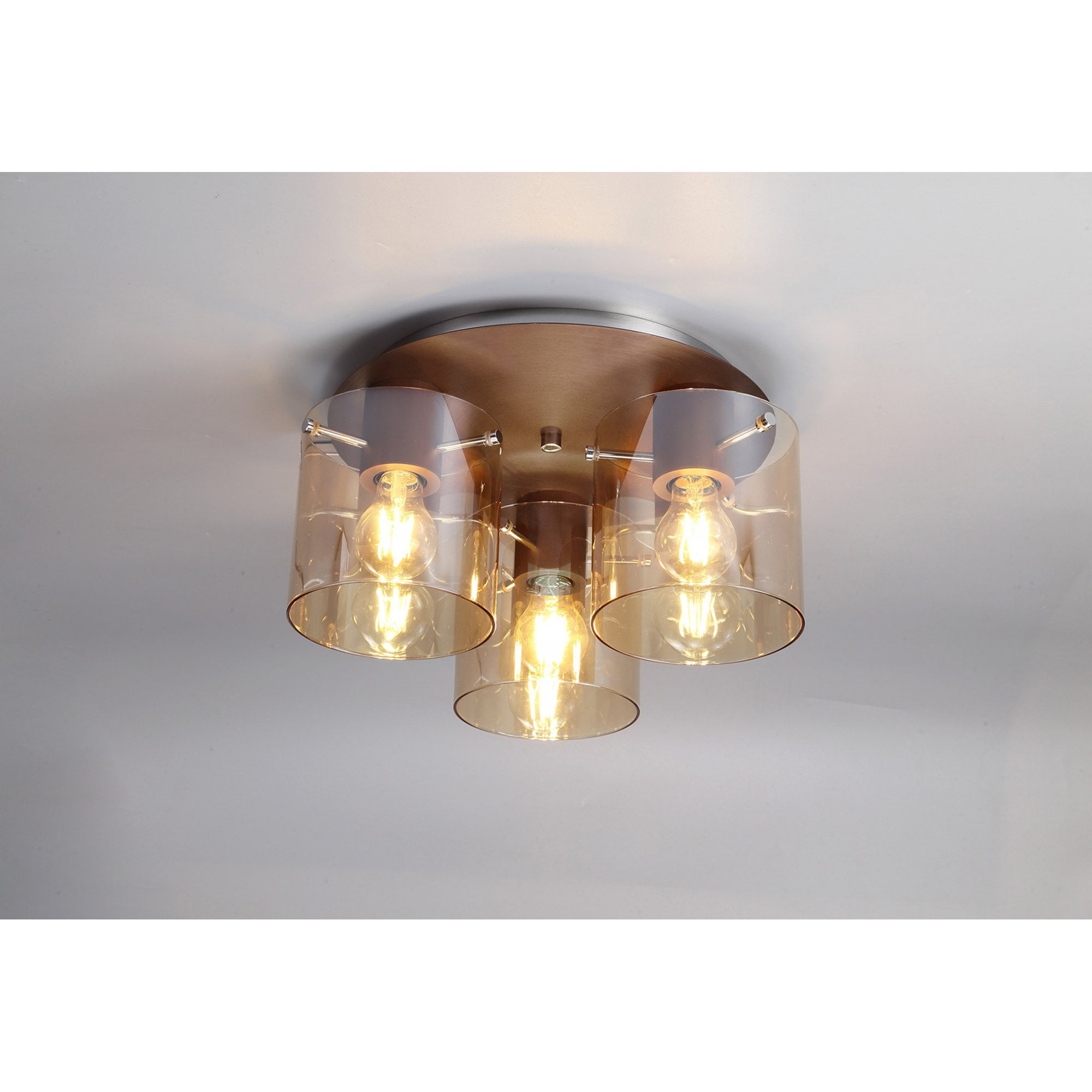 Fabula Kendon 3 Light Round Flush Light - Mocha & Amber Glass