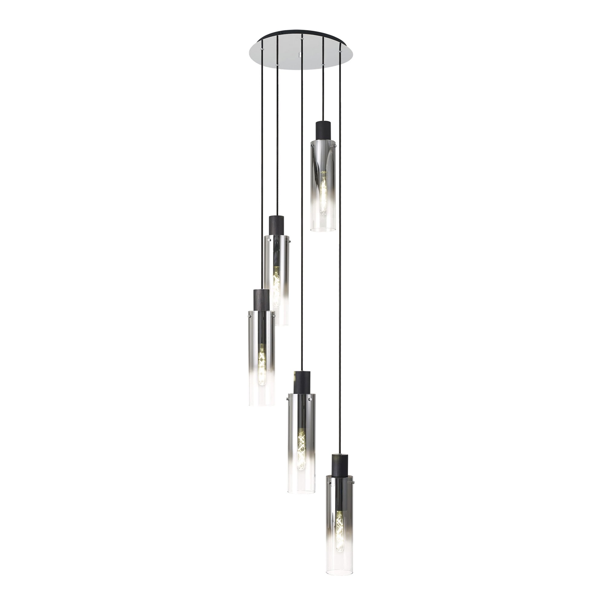 Fabula Kingfisher Adjustable 5 Light Round Pendant - Black & Smoke Fade Glass