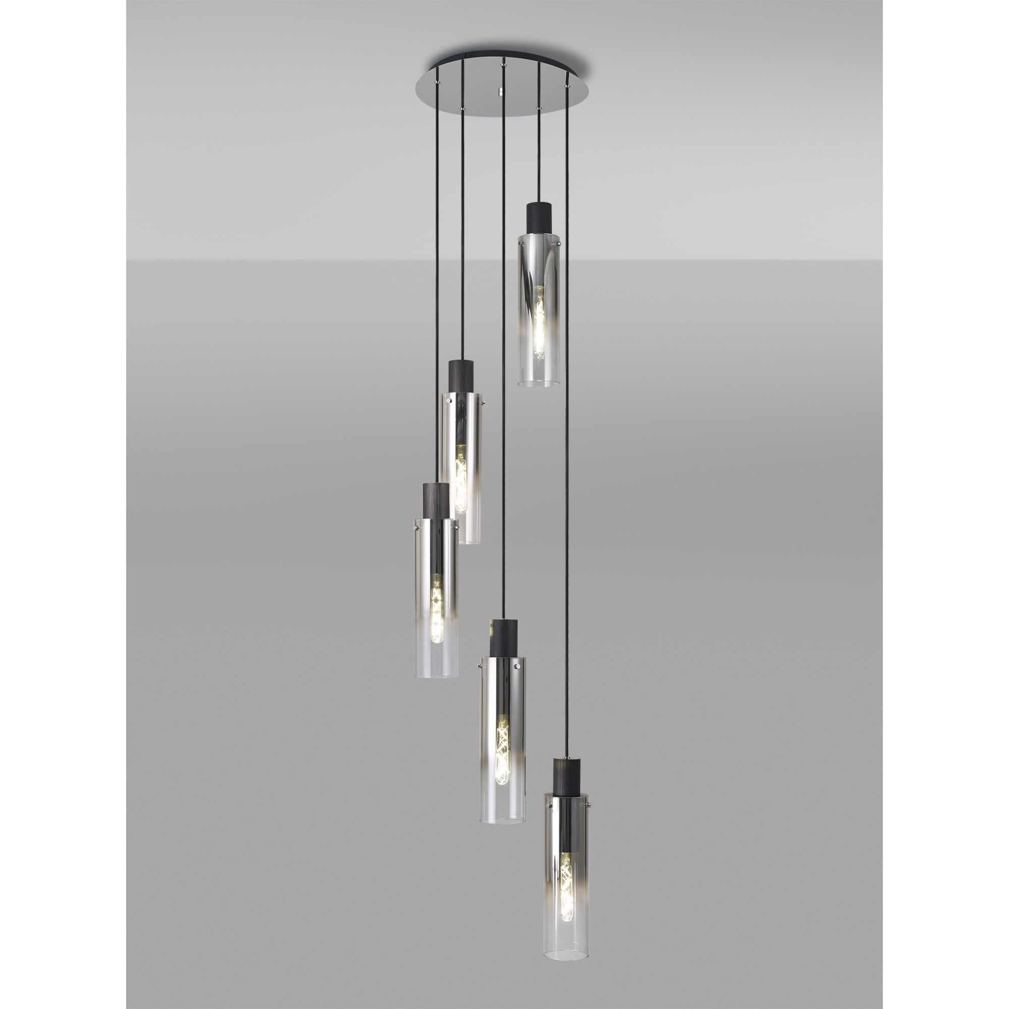 Fabula Kingfisher Adjustable 5 Light Round Pendant - Black & Smoke Fade Glass