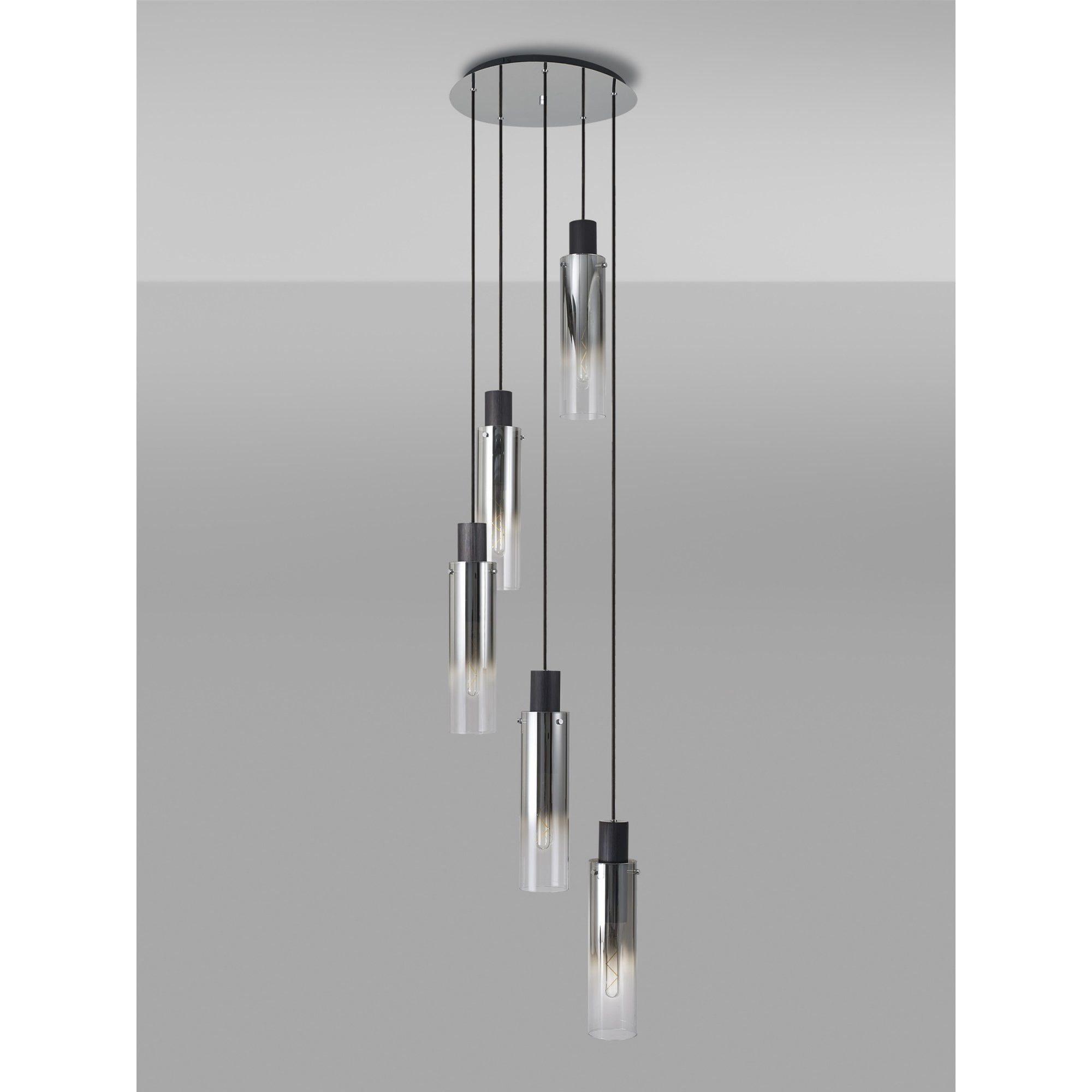 Fabula Kingfisher Adjustable 5 Light Round Pendant - Black & Smoke Fade Glass