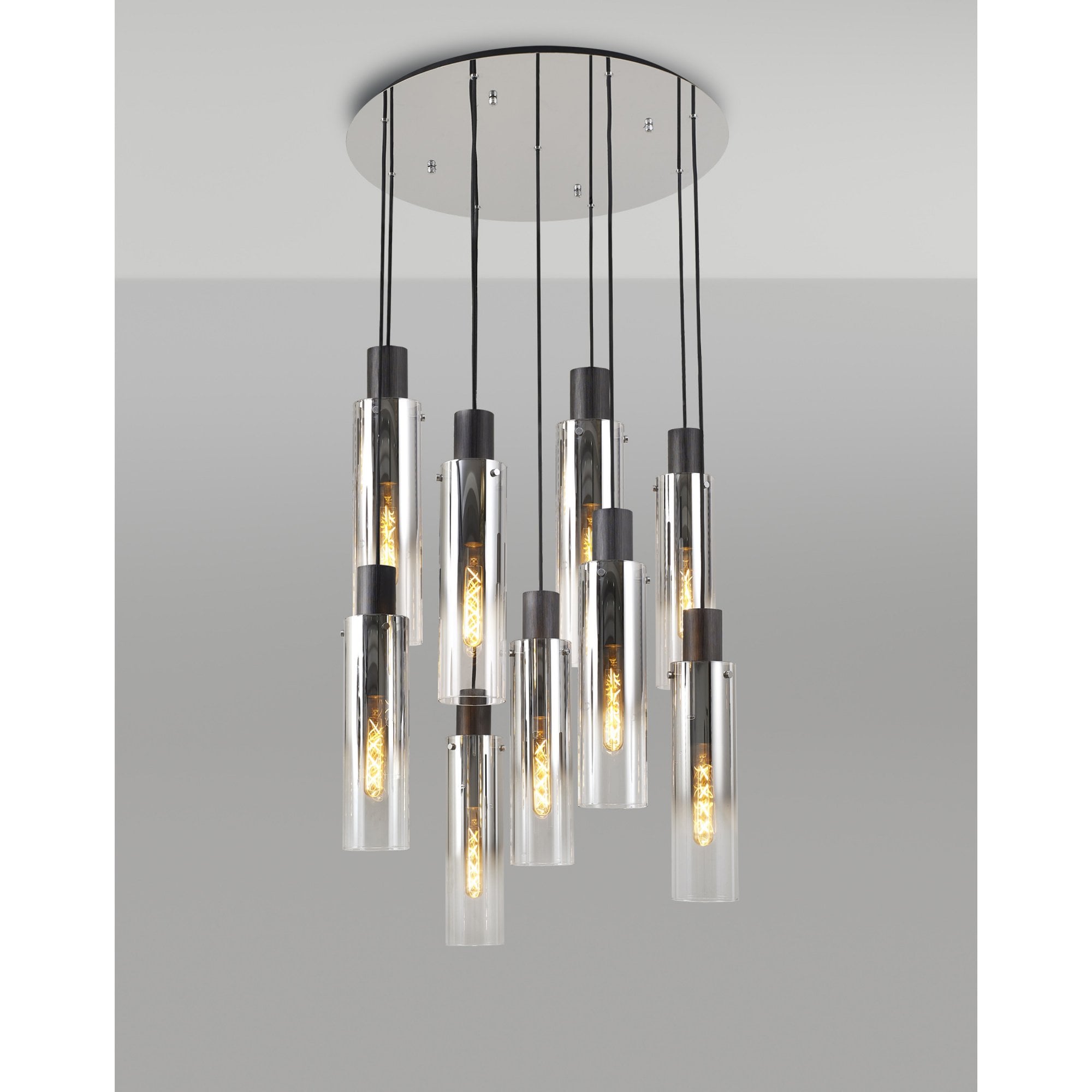 Fabula Kingfisher Adjustable 9 Light Round Pendant - Black & Smoke Fade Glass