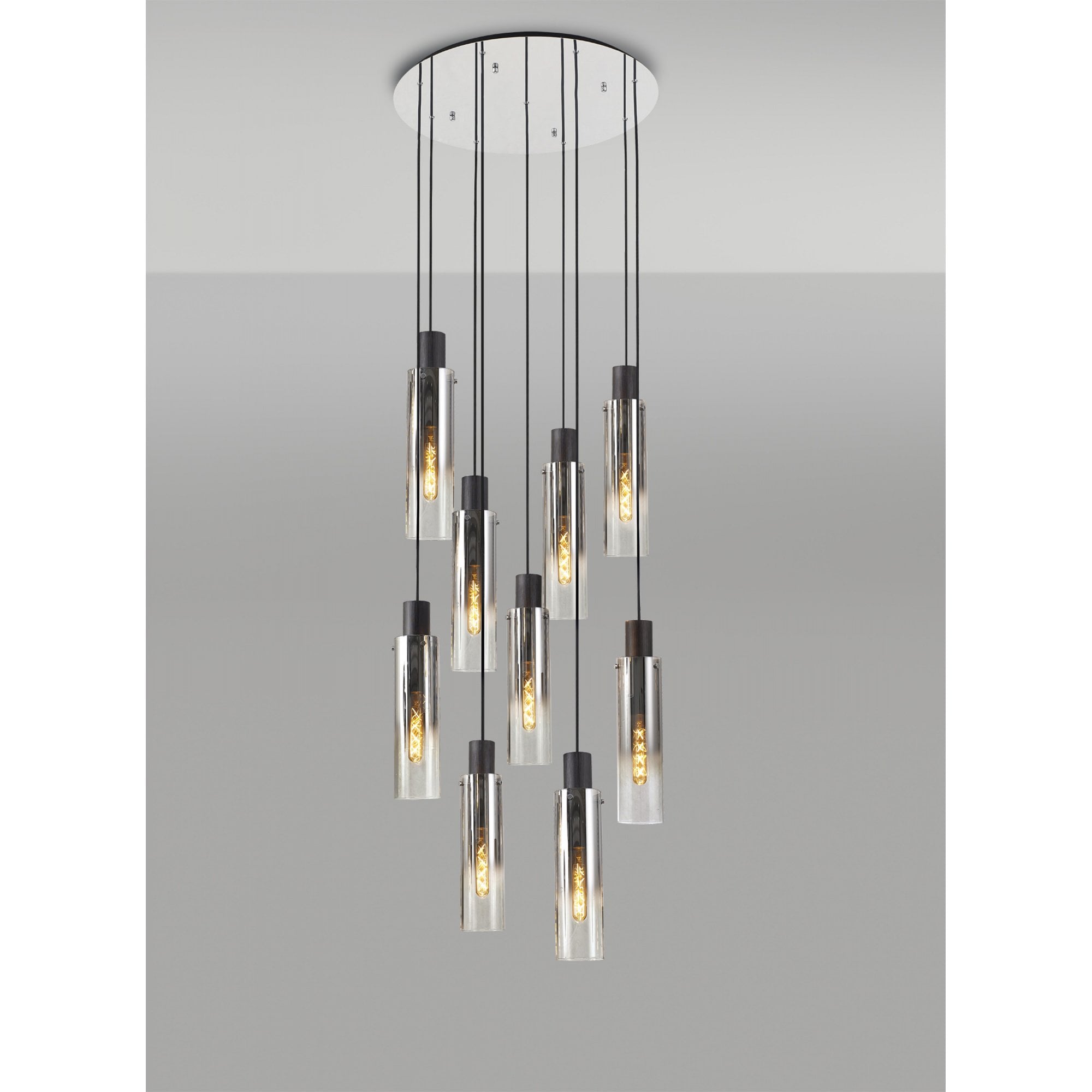 Fabula Kingfisher Adjustable 9 Light Round Pendant - Black & Smoke Fade Glass